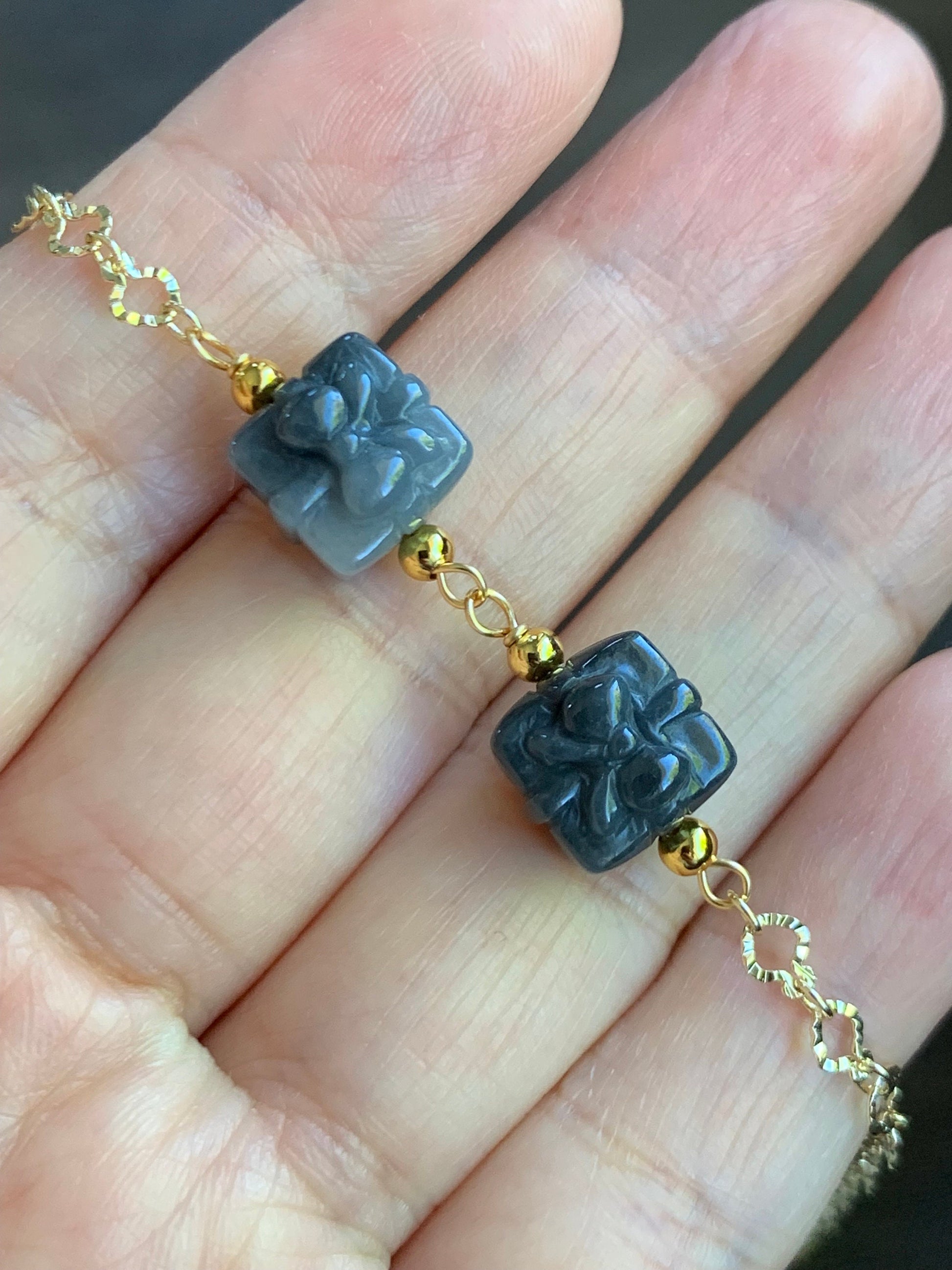 Holiday Special Natural Burmese Icy Wuji Jadeite Carved Gift Boxes 14K YG Plated Chain Bracelet Adjustable up to 7.5” 天然缅甸乌鸡翡翠礼物包金手链