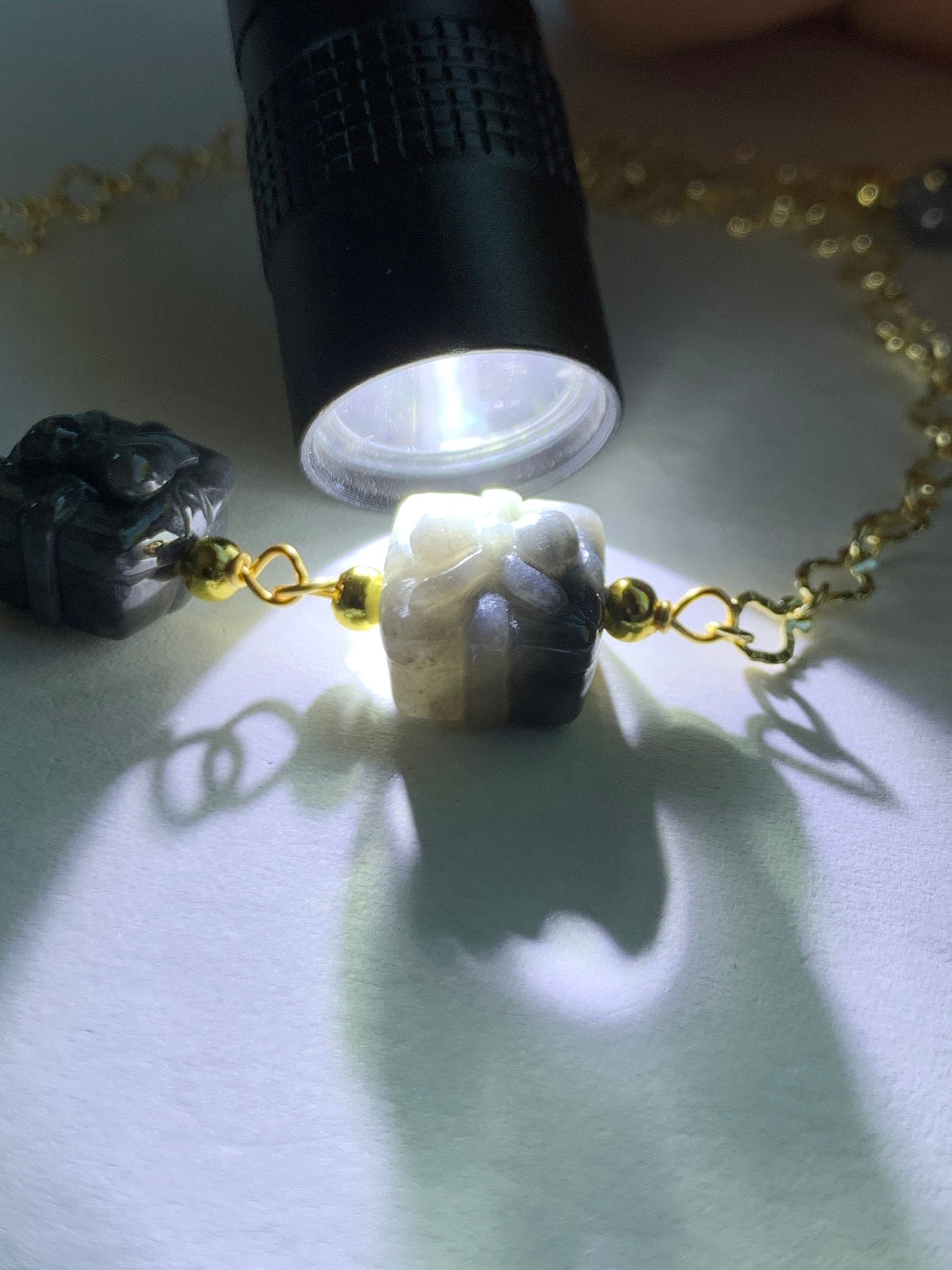Holiday Special Natural Burmese Icy Wuji Jadeite Carved Gift Boxes 14K YG Plated Chain Bracelet Adjustable up to 7.5” 天然缅甸乌鸡翡翠礼物包金手链