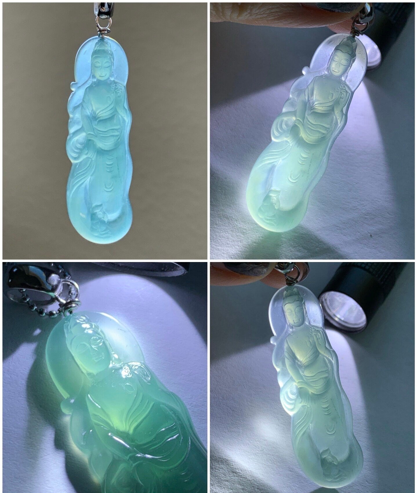 Certified Natural Guatemalan Icy Highly Translucent Gelatinous Light Green Jadeite Guanyin Pendant Sterling Silver 天然冰胶危淡晴绿翡翠观音吊坠 5131
