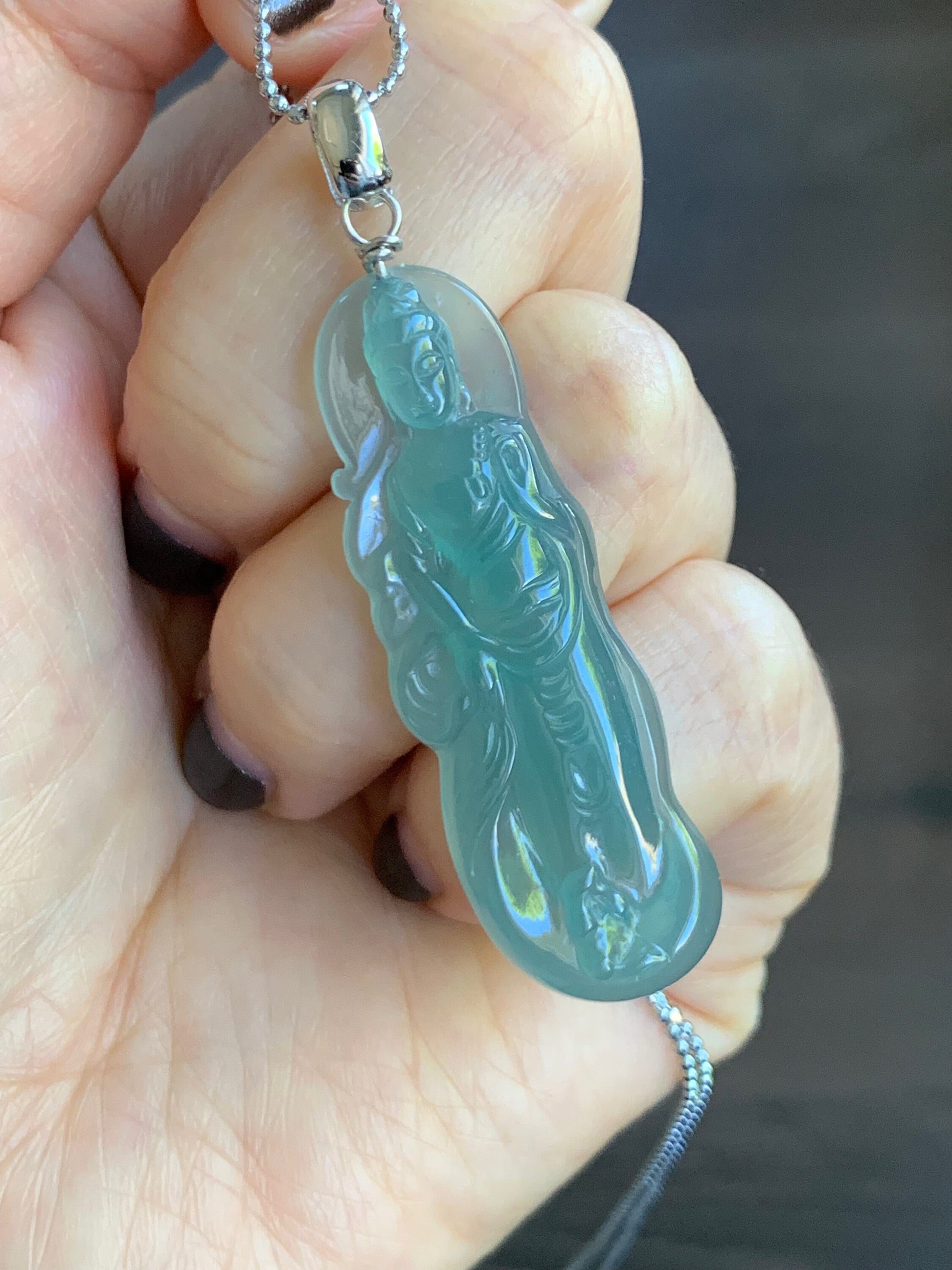 Certified Natural Guatemalan Icy Highly Translucent Gelatinous Light Green Jadeite Guanyin Pendant Sterling Silver 天然冰胶危淡晴绿翡翠观音吊坠 5131