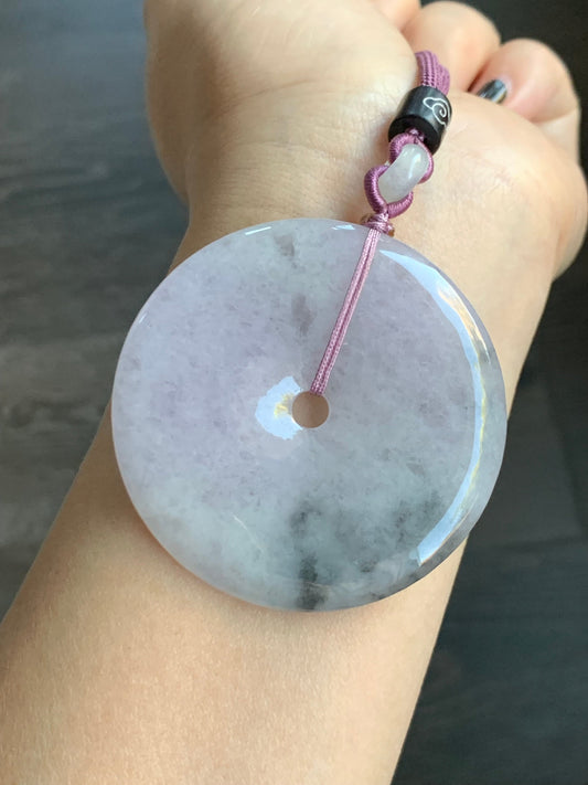 Huge Natural Burmese Icy Translucent Purple Wuji Marbled Jadeite Ping An Kou Donut Pendant Rope Necklace 24” Adjustable 天然缅甸冰紫乌鸡翡翠大平安扣吊坠