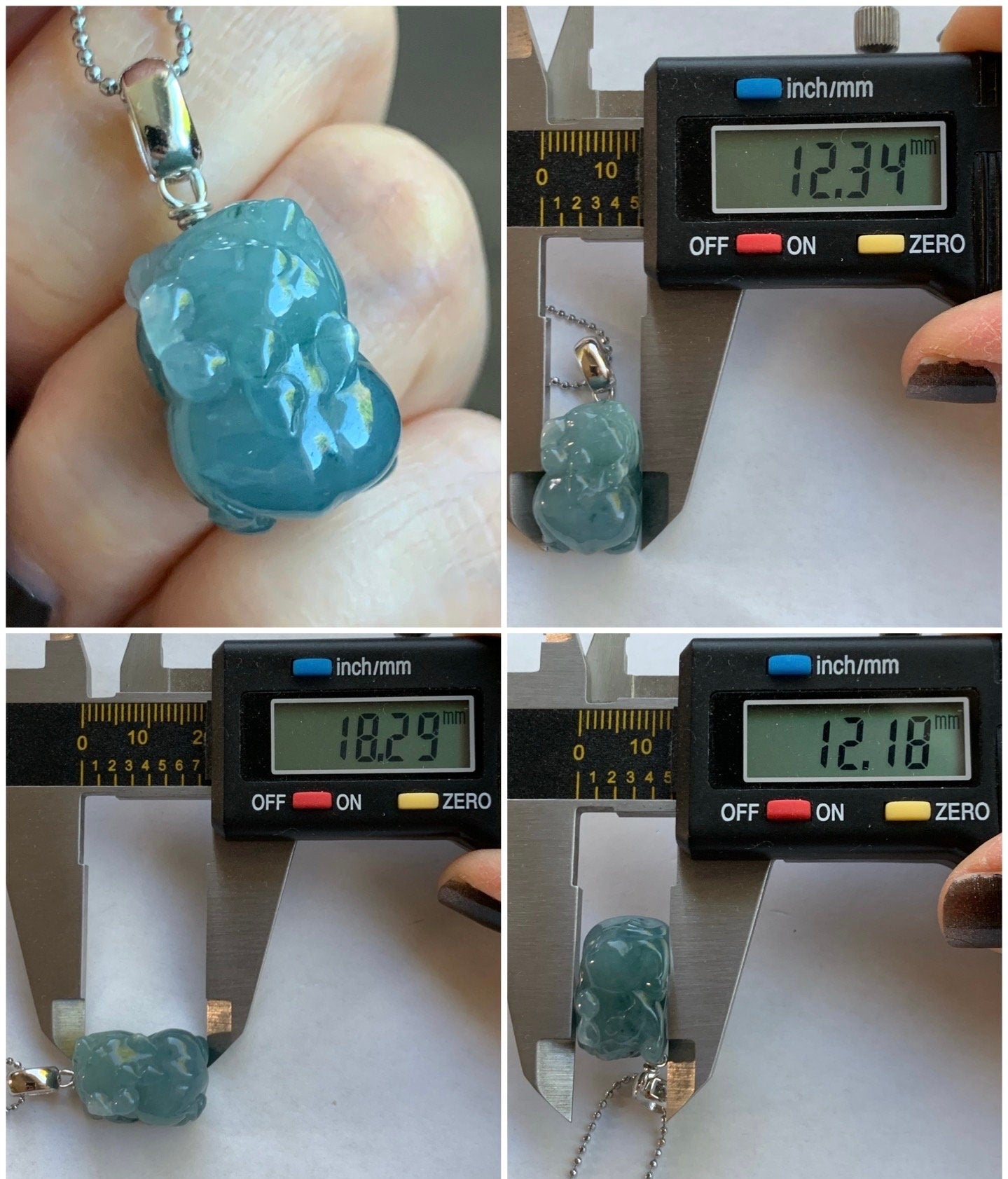 Natural Guatemalan Icy Translucent Gelatinous Bright Blue Jadeite Carved Pixiu Pendant Sterling Silver Bail 天然老种冰胶危料蓝水翡翠貔貅吊坠