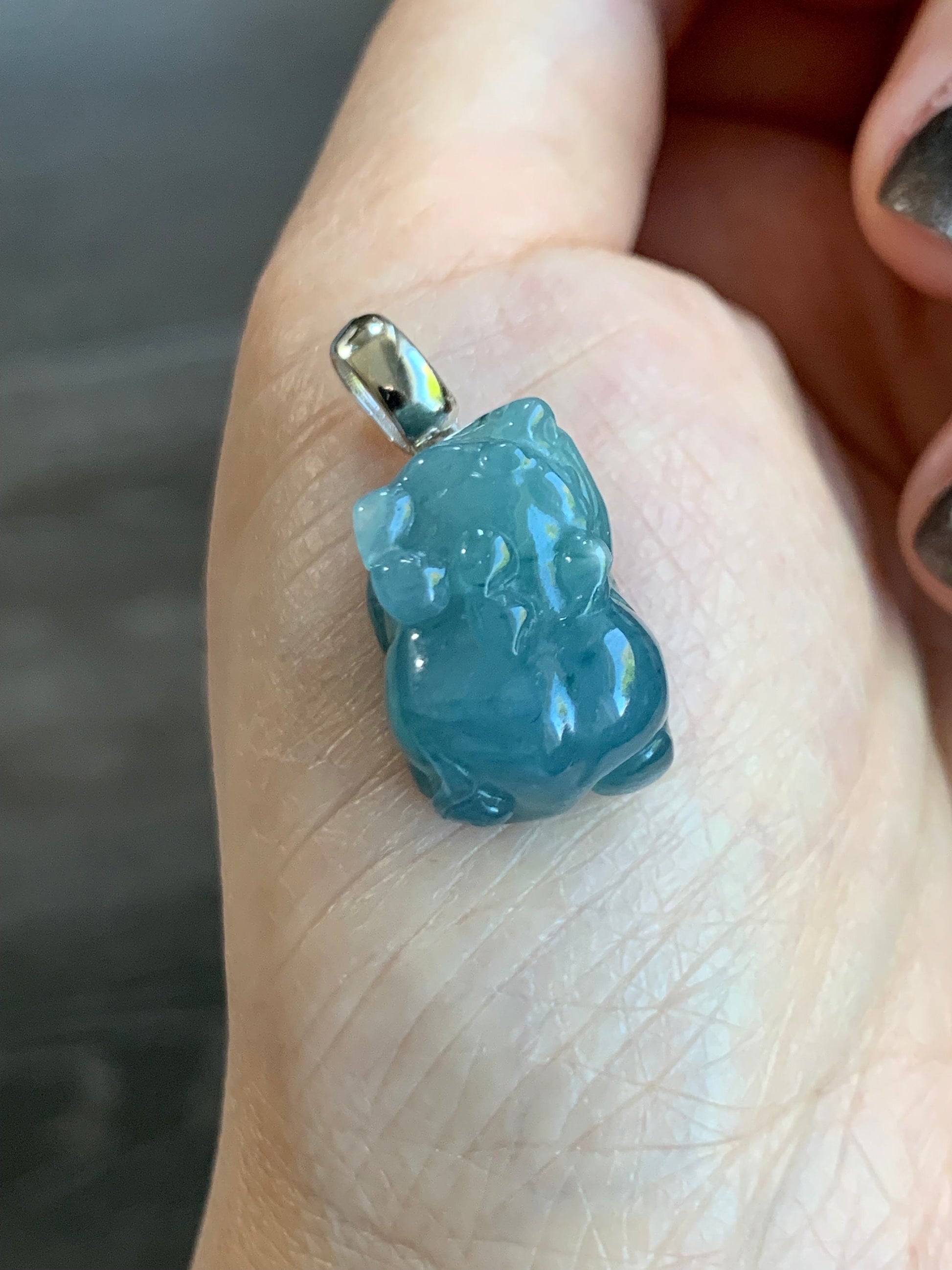 Natural Guatemalan Icy Translucent Gelatinous Bright Blue Jadeite Carved Pixiu Pendant Sterling Silver Bail 天然老种冰胶危料蓝水翡翠貔貅吊坠