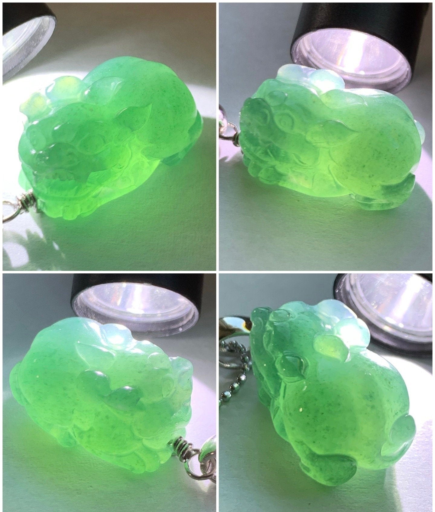 Natural Guatemalan Icy Translucent Gelatinous Rich Teal Blue Jadeite Carved Pixiu Pendant Sterling Silver Bail 天然老种冰胶危料湖水蓝翡翠貔貅吊坠