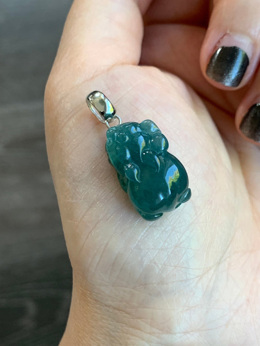 Natural Guatemalan Icy Translucent Gelatinous Rich Teal Blue Jadeite Carved Pixiu Pendant Sterling Silver Bail 天然老种冰胶危料湖水蓝翡翠貔貅吊坠
