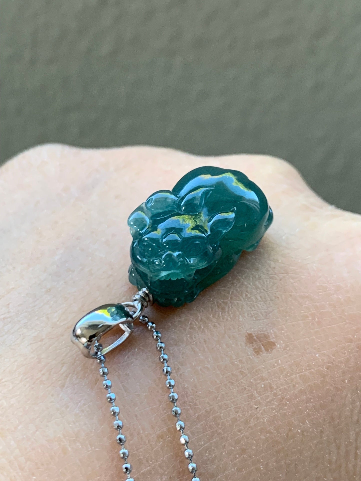 Natural Guatemalan Icy Translucent Gelatinous Rich Teal Blue Jadeite Carved Pixiu Pendant Sterling Silver Bail 天然老种冰胶危料湖水蓝翡翠貔貅吊坠