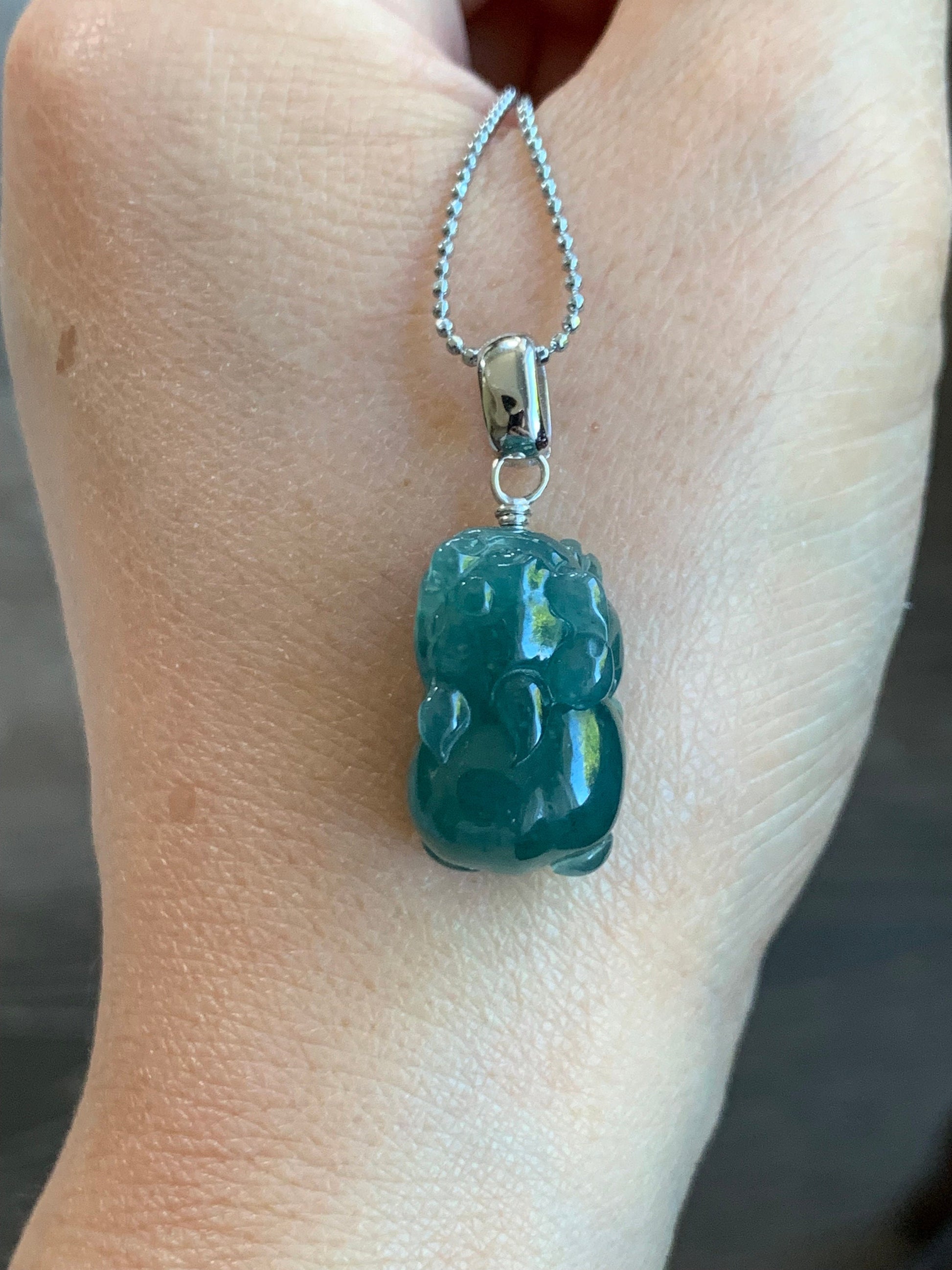 Natural Guatemalan Icy Translucent Gelatinous Rich Teal Blue Jadeite Carved Pixiu Pendant Sterling Silver Bail 天然老种冰胶危料湖水蓝翡翠貔貅吊坠
