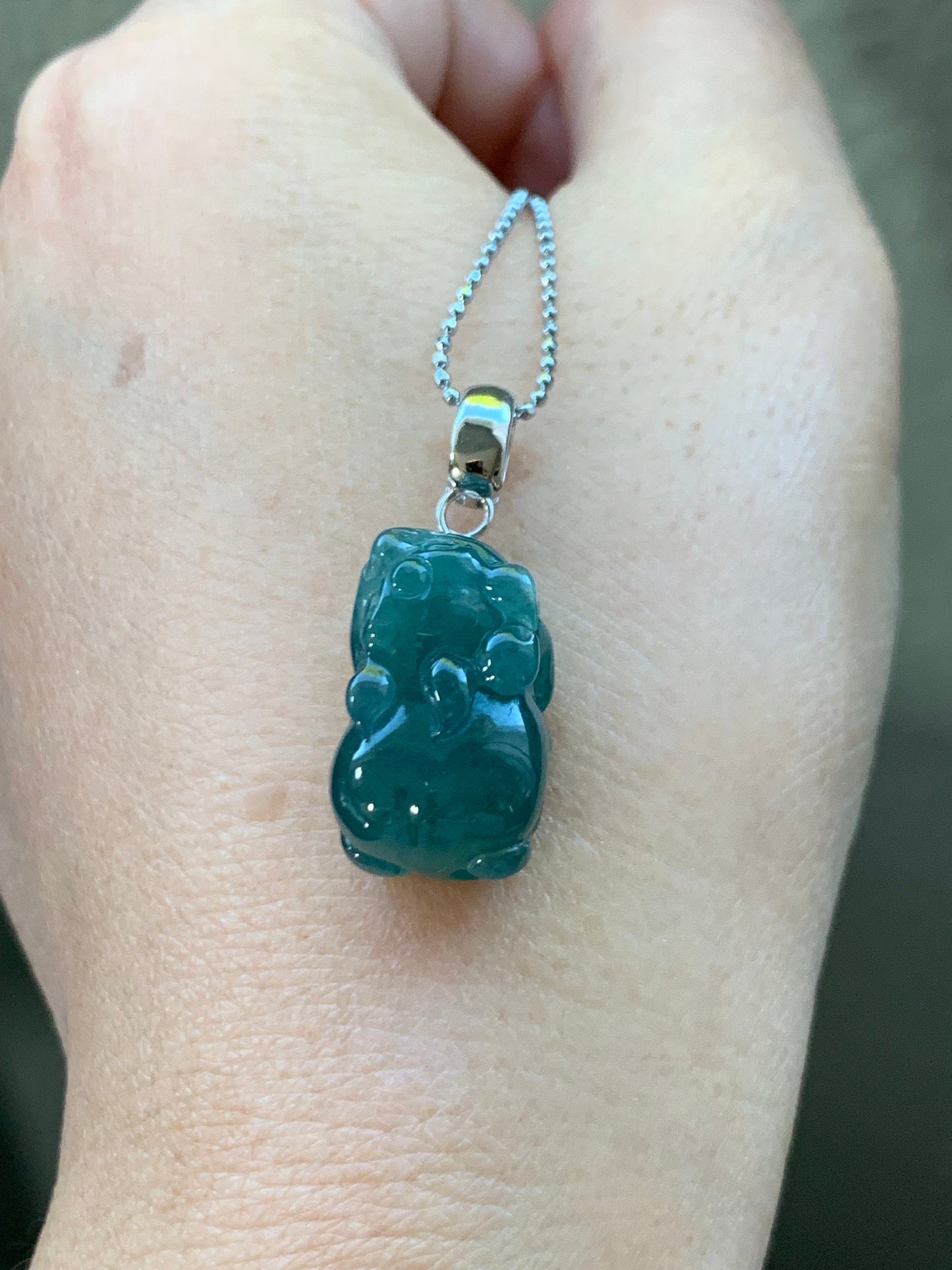 Natural Guatemalan Icy Translucent Gelatinous Rich Teal Blue Jadeite Carved Pixiu Pendant Sterling Silver Bail 天然老种冰胶危料湖水蓝翡翠貔貅吊坠