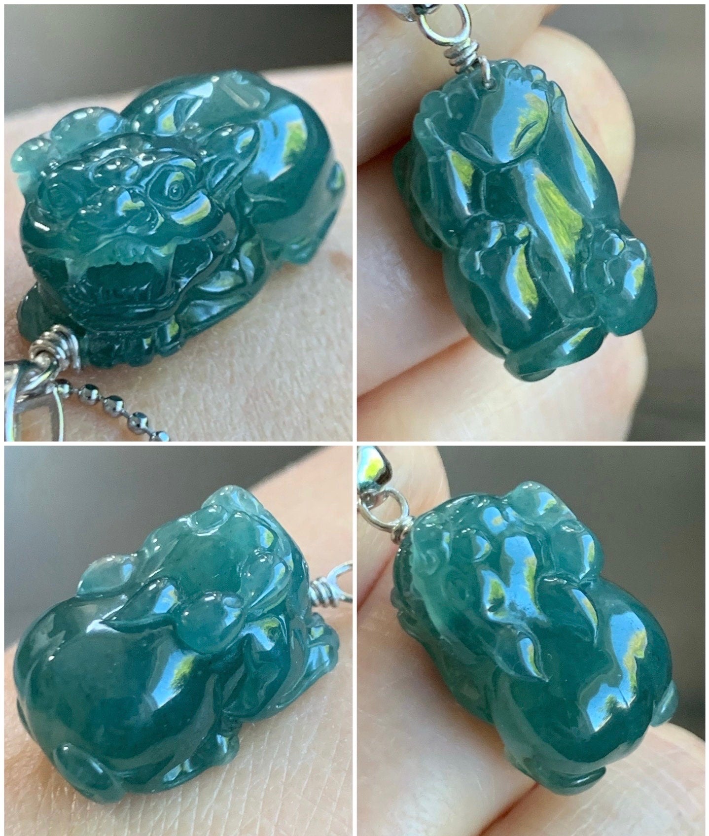 Natural Guatemalan Icy Translucent Gelatinous Rich Teal Blue Jadeite Carved Pixiu Pendant Sterling Silver Bail 天然老种冰胶危料湖水蓝翡翠貔貅吊坠