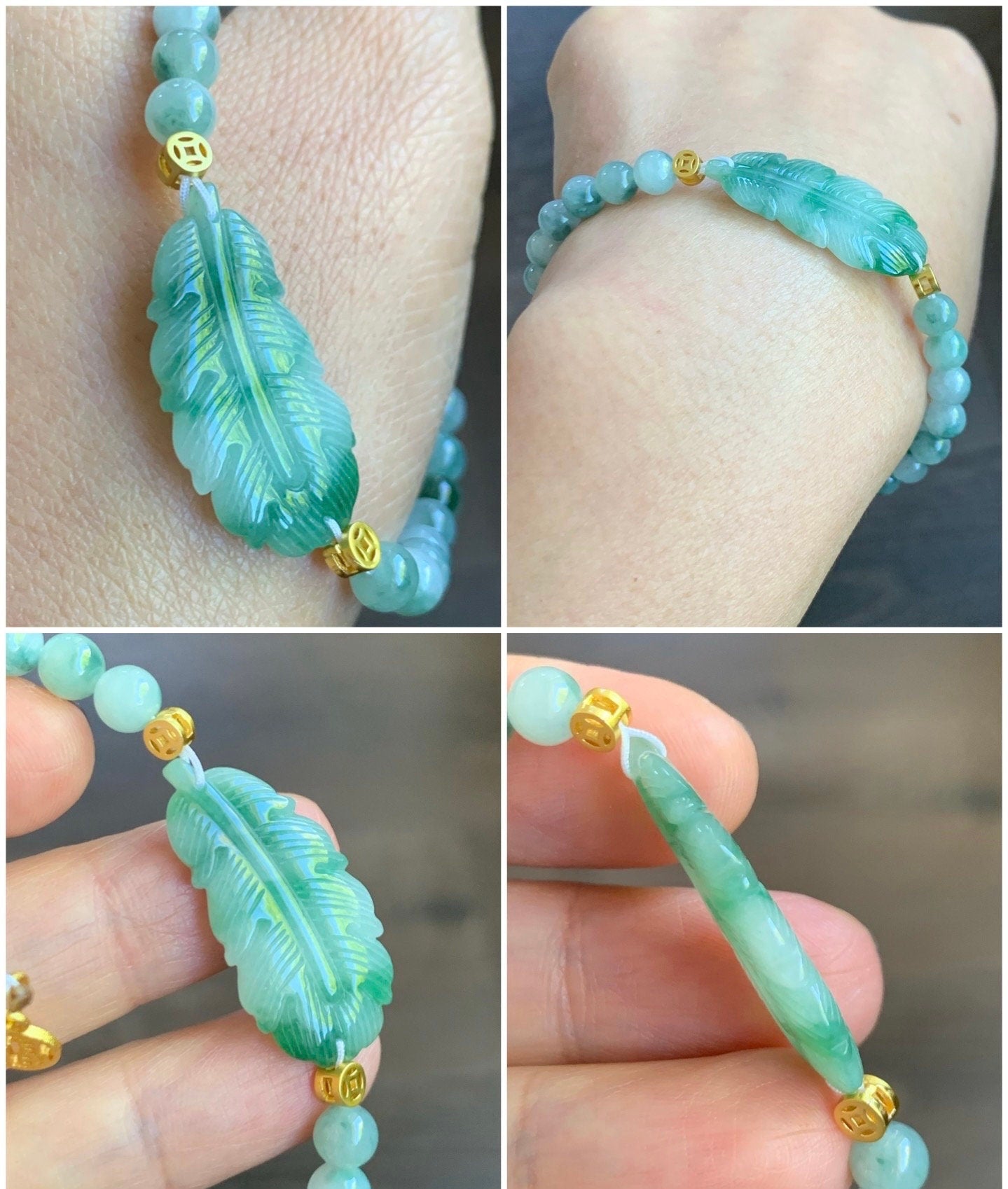 Natural Burmese Icy Translucent Light Green Jadeite w/ Vibrant Green Marbling Feather Beaded Bracelet 6.75” Adjustable 天然缅甸糯冰晴底飘花翡翠羽毛飘花圆珠手串