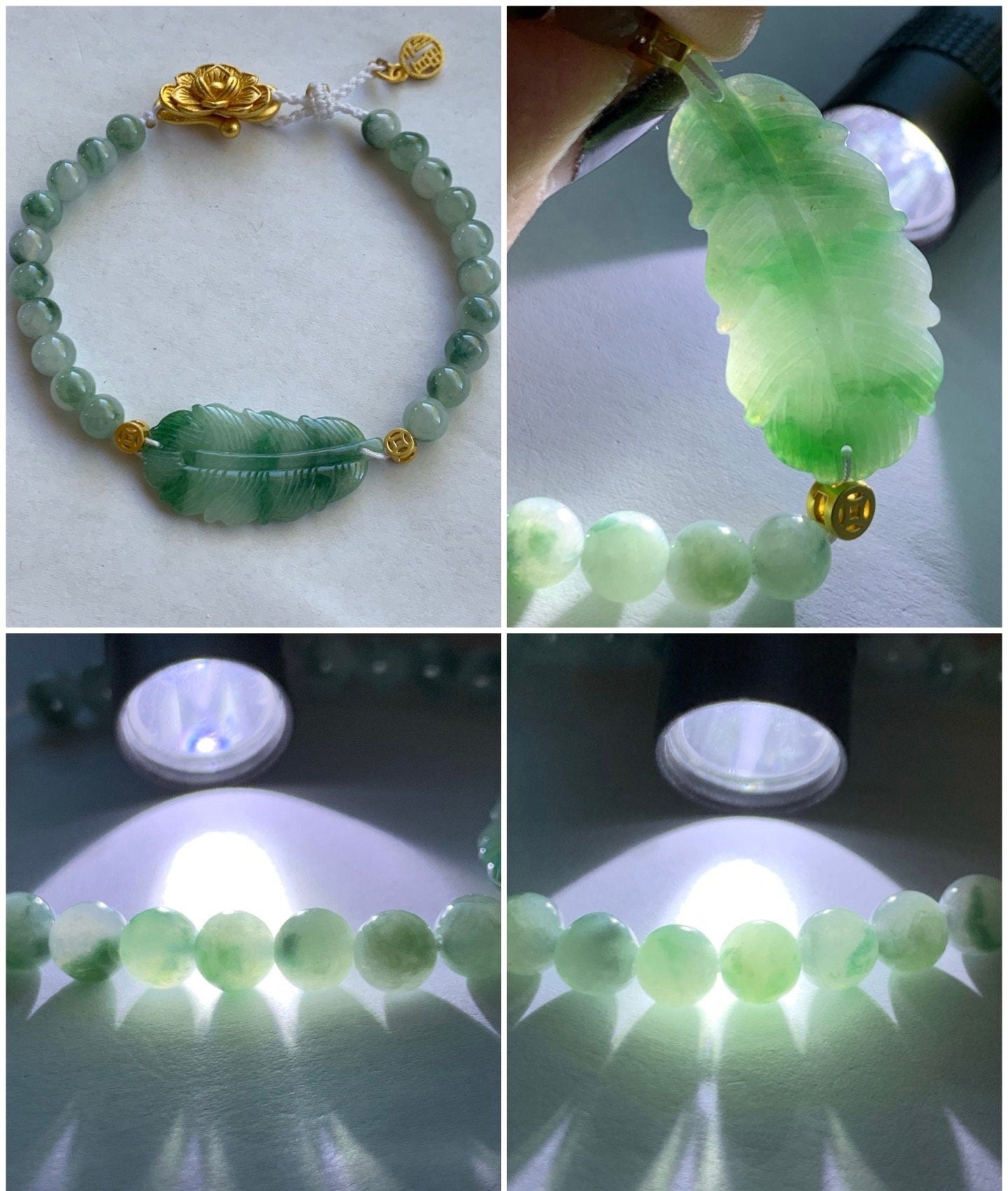 Natural Burmese Icy Translucent Light Green Jadeite w/ Vibrant Green Marbling Feather Beaded Bracelet 6.75” Adjustable 天然缅甸糯冰晴底飘花翡翠羽毛飘花圆珠手串
