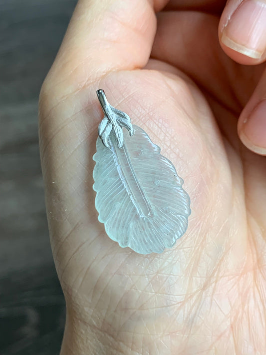 Certified Natural Burmese Icy Highly Translucent Clear White Jadeite Carved Feather Pendant 18K White Gold 天然缅甸白冰翡翠羽毛镶嵌吊坠 5154