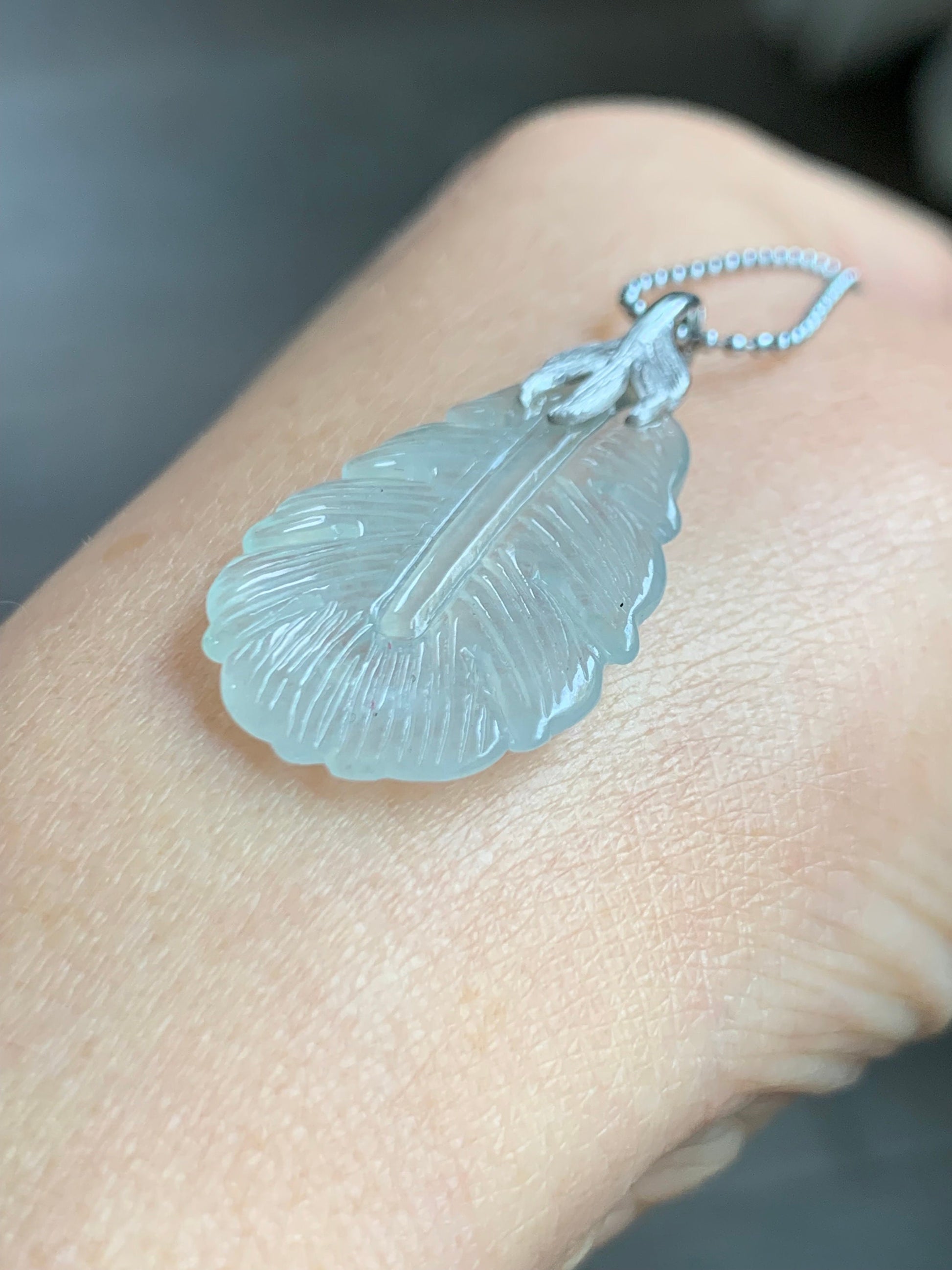 Certified Natural Burmese Icy Highly Translucent Clear White Jadeite Carved Feather Pendant 18K White Gold 天然缅甸白冰翡翠羽毛镶嵌吊坠 5154