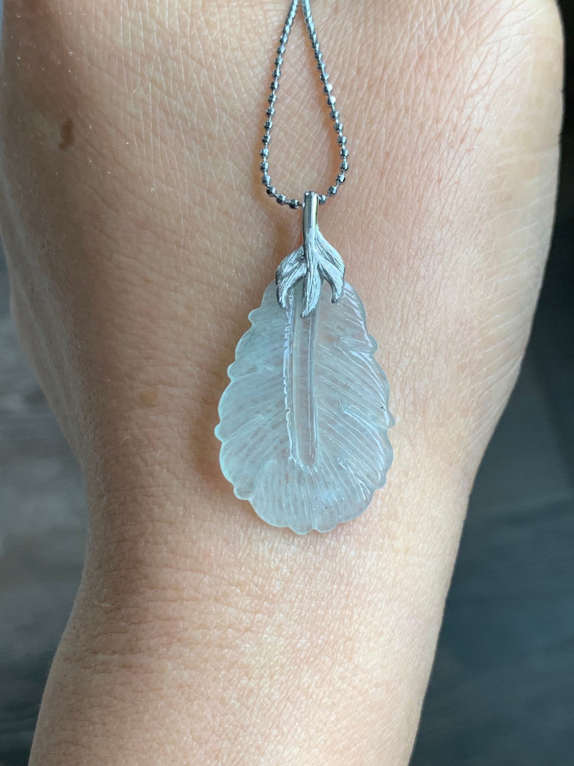 Certified Natural Burmese Icy Highly Translucent Clear White Jadeite Carved Feather Pendant 18K White Gold 天然缅甸白冰翡翠羽毛镶嵌吊坠 5154