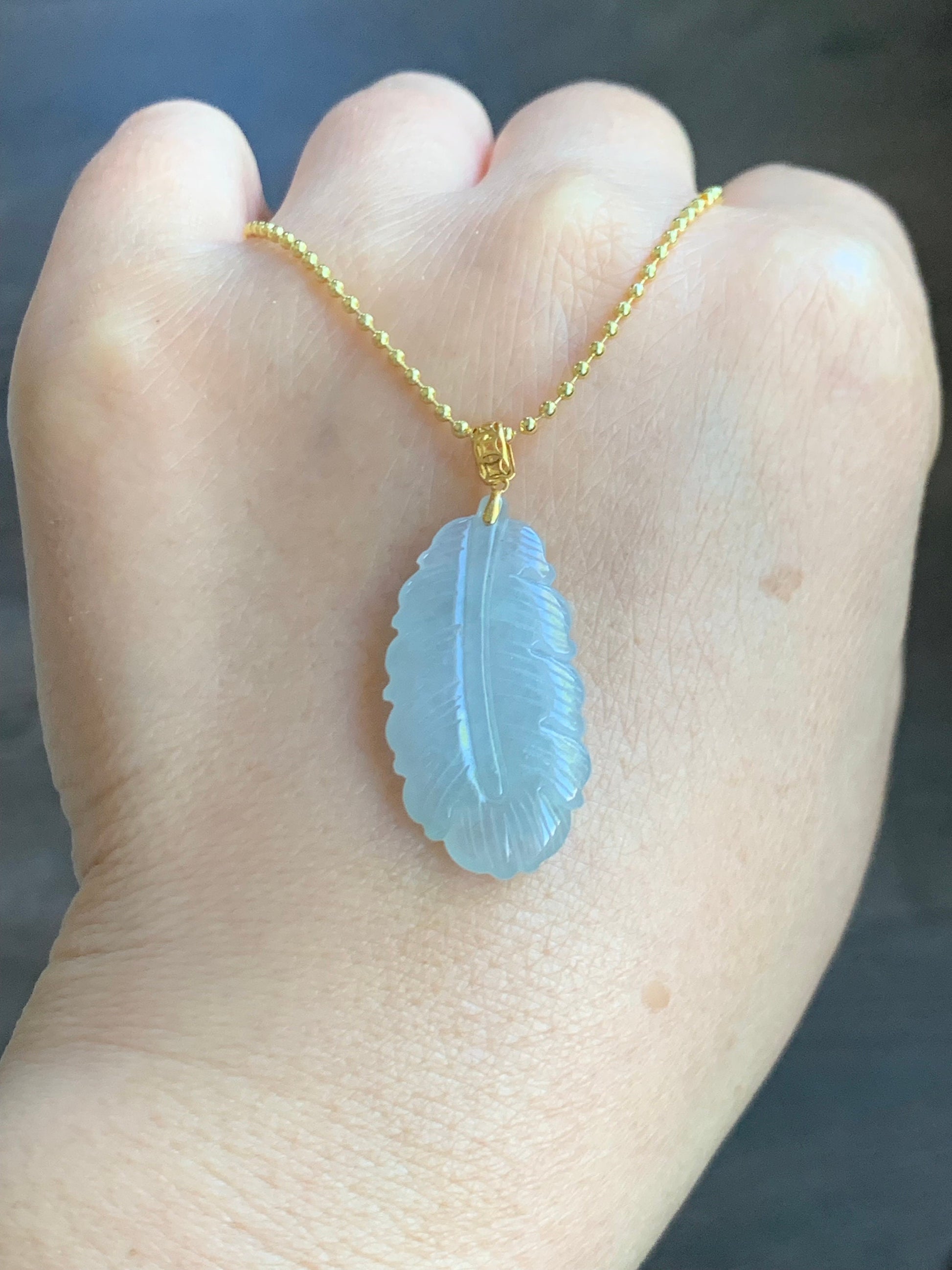 Natural Burmese Icy Translucent Light Green Jadeite Carved Feather Pendant 18K Yellow Gold 天然缅甸冰淡晴底翡翠羽毛镶嵌吊坠 A830