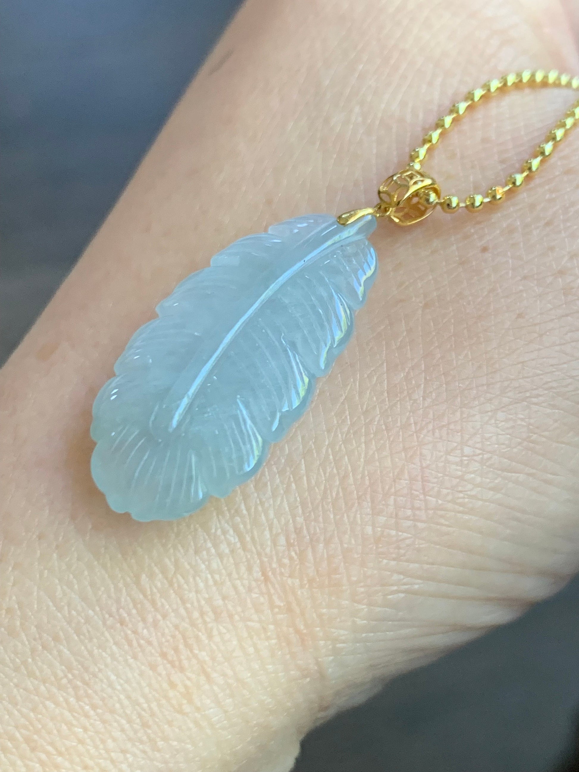 Natural Burmese Icy Translucent Light Green Jadeite Carved Feather Pendant 18K Yellow Gold 天然缅甸冰淡晴底翡翠羽毛镶嵌吊坠 A830