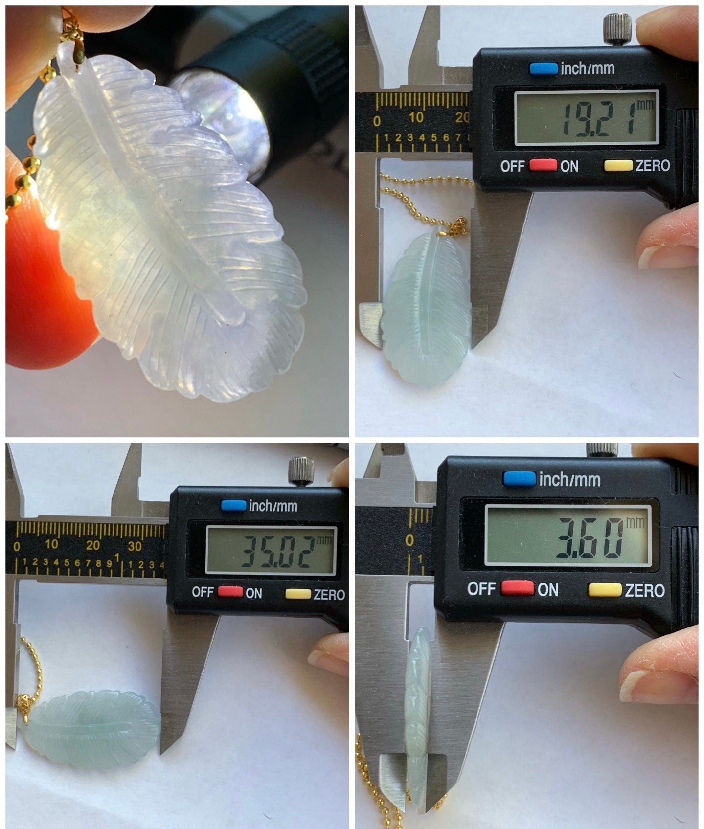 Natural Burmese Icy Translucent Light Green Jadeite Carved Feather Pendant 18K Yellow Gold 天然缅甸冰淡晴底翡翠羽毛镶嵌吊坠 B830