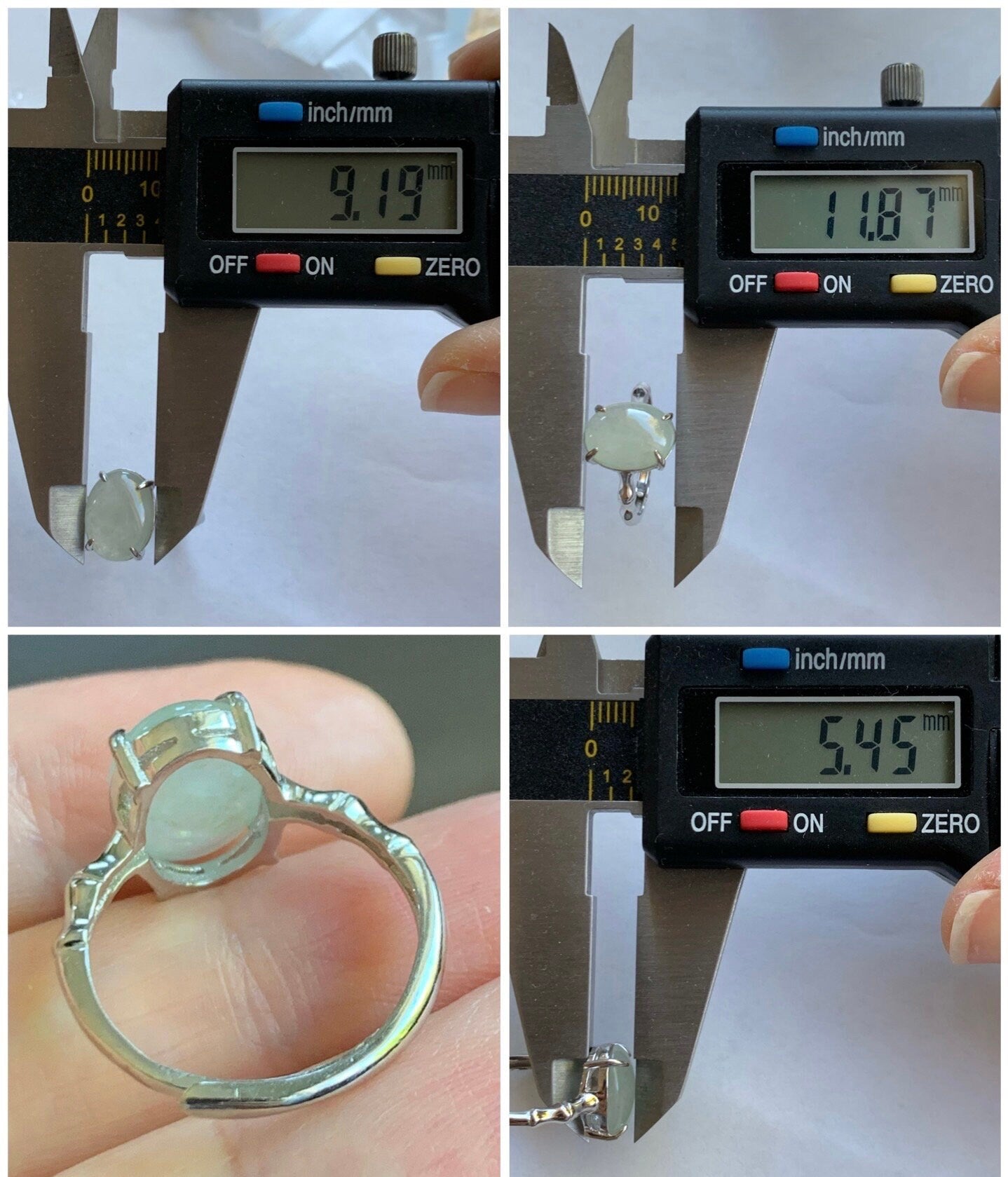 Natural Burmese Icy Light Green Translucent Oval Cabochon Jadeite Ring Bamboo Band Sterling Silver Size 6 Adjustable 天然缅甸冰晴底翡翠银镶竹节戒指 MZJ100