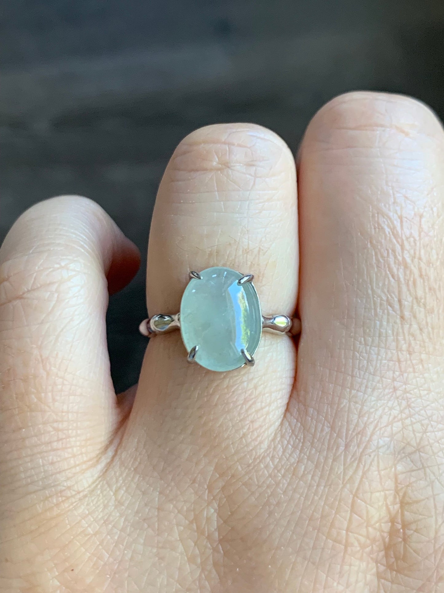 Natural Burmese Icy Light Green Translucent Oval Cabochon Jadeite Ring Bamboo Band Sterling Silver Size 6 Adjustable 天然缅甸冰晴底翡翠银镶竹节戒指 MZJ100