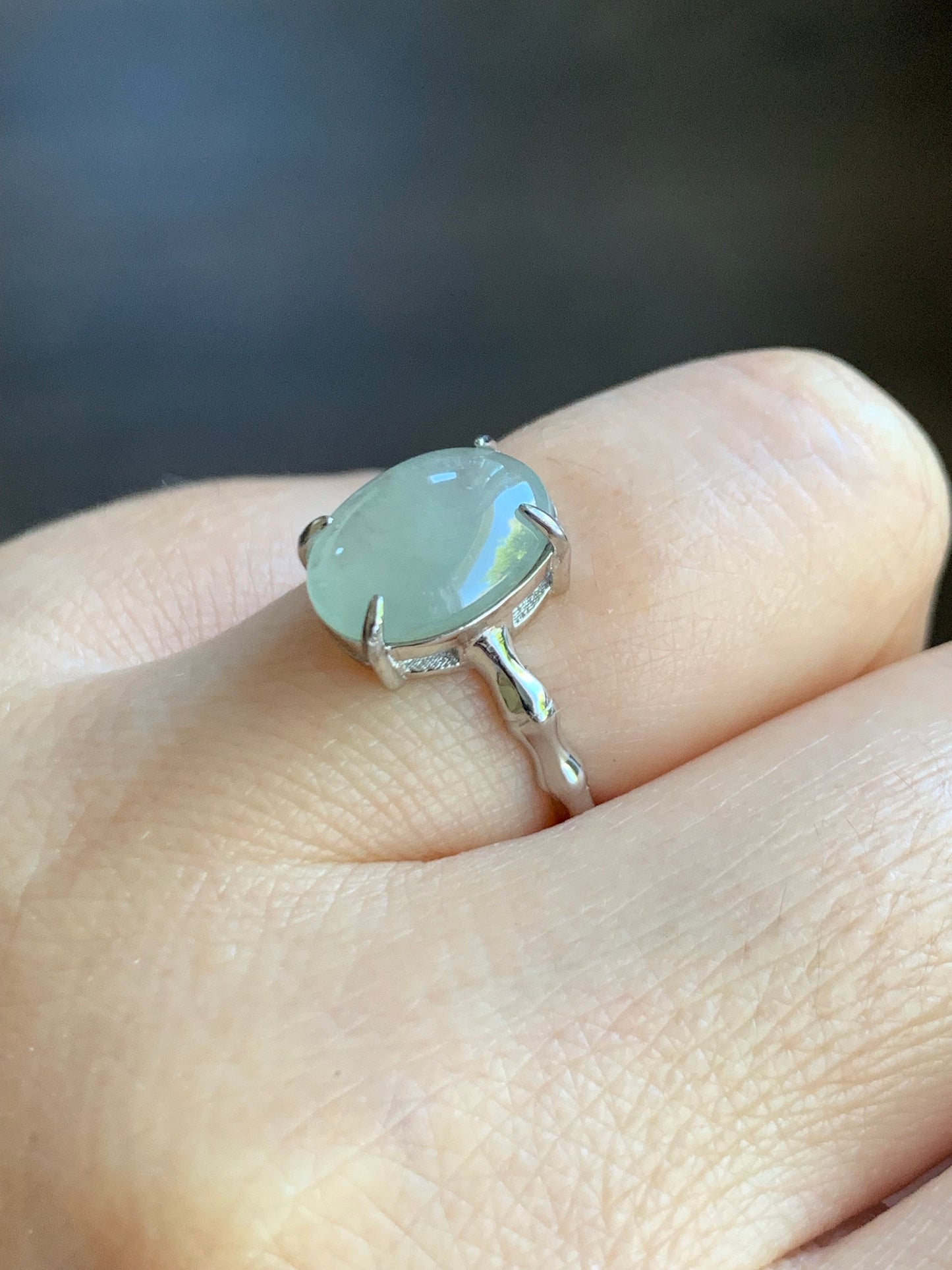Natural Burmese Icy Light Green Translucent Oval Cabochon Jadeite Ring Bamboo Band Sterling Silver Size 6 Adjustable 天然缅甸冰晴底翡翠银镶竹节戒指 MZJ100