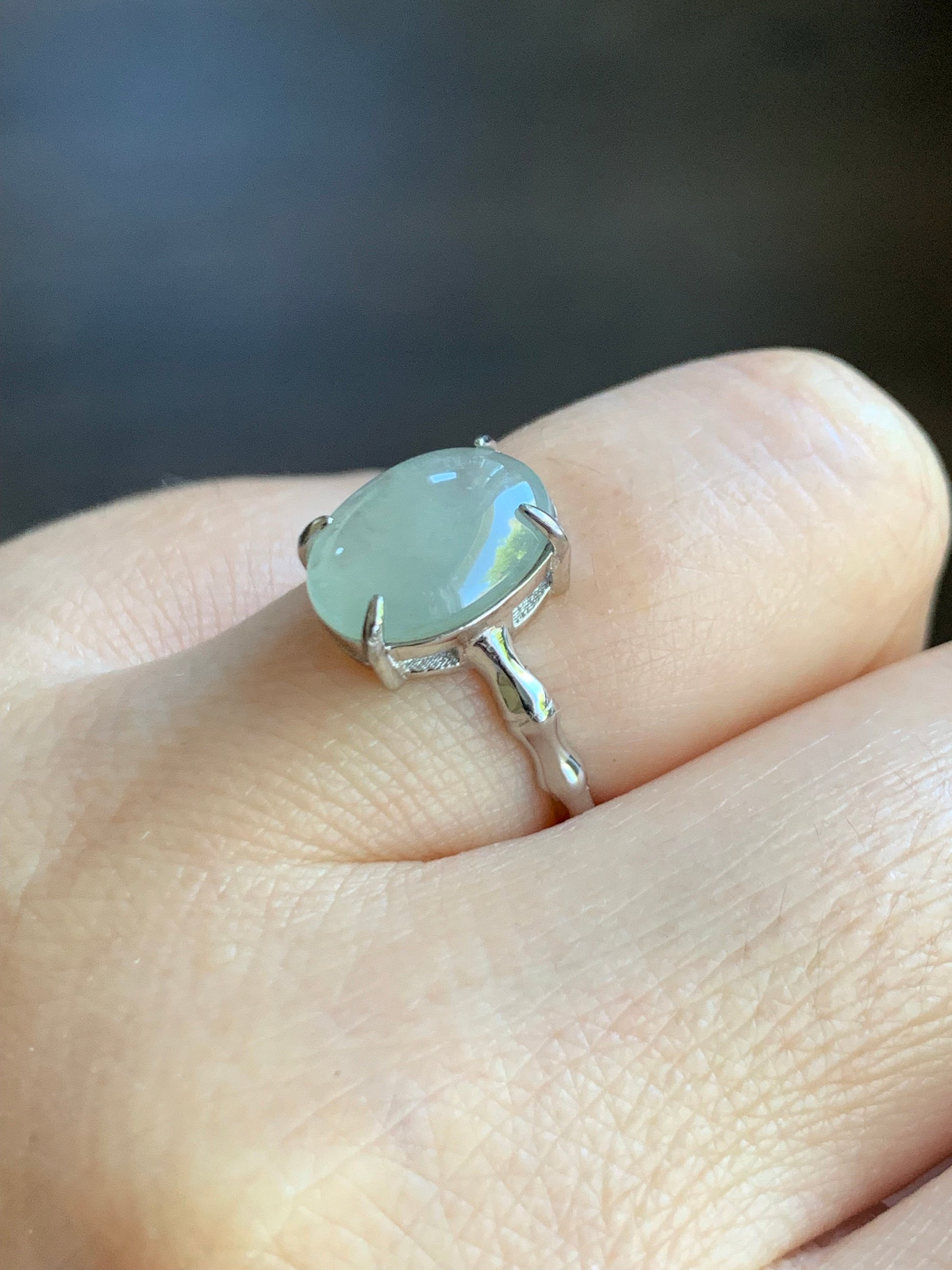 Natural Burmese Icy Light Green Translucent Oval Cabochon Jadeite Ring Bamboo Band Sterling Silver Size 6 Adjustable 天然缅甸冰晴底翡翠银镶竹节戒指 MZJ100