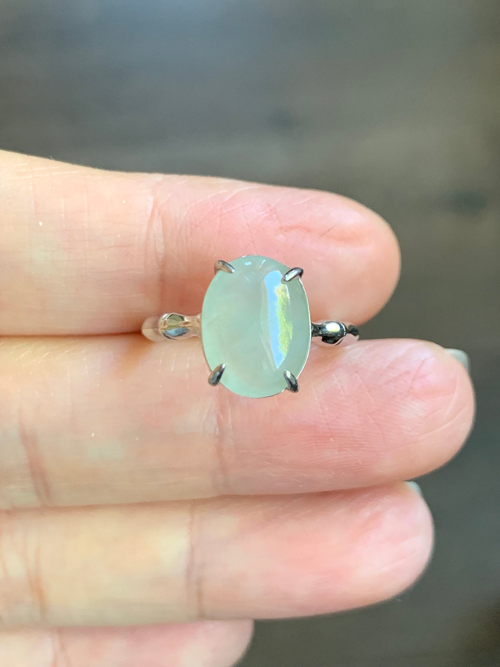 Natural Burmese Icy Light Green Translucent Oval Cabochon Jadeite Ring Bamboo Band Sterling Silver Size 6 Adjustable 天然缅甸冰晴底翡翠银镶竹节戒指 MZJ100