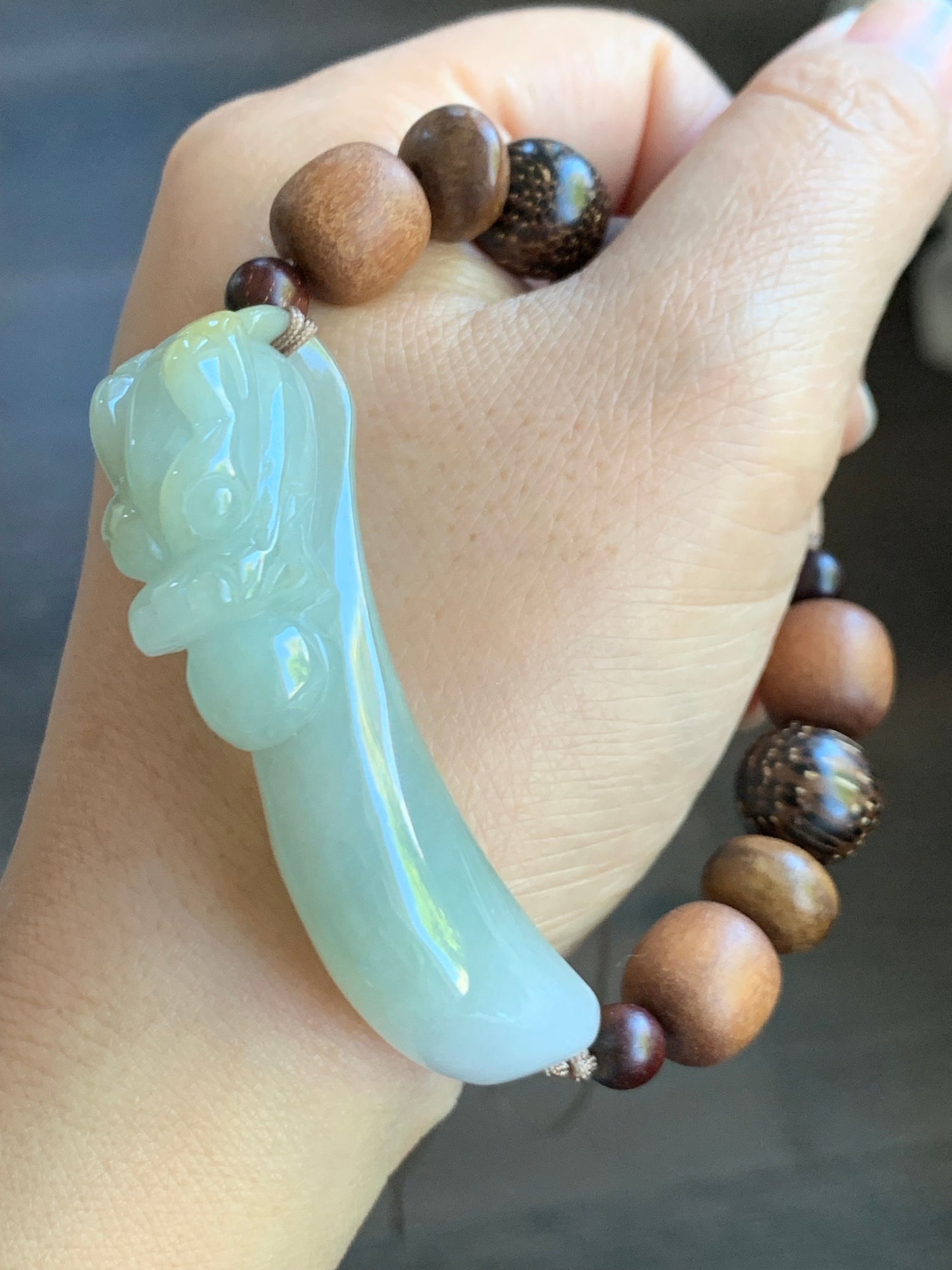 Natural Burmese Icy Translucent Dusty Sage Green Jadeite Carved 3D Dragon Hook Wood Beads Beaded Bracelet 7.25” 天然缅甸冰淡橄榄绿翡翠立体雕龙钩木珠手串
