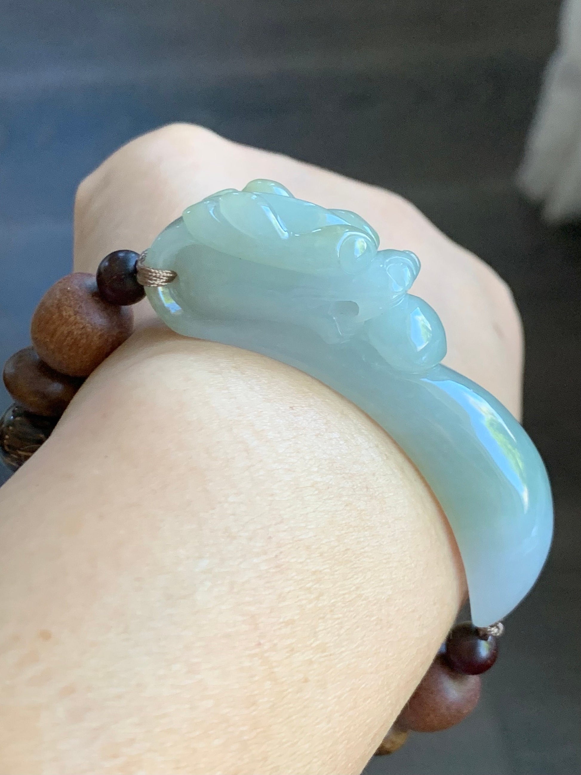 Natural Burmese Icy Translucent Dusty Sage Green Jadeite Carved 3D Dragon Hook Wood Beads Beaded Bracelet 7.25” 天然缅甸冰淡橄榄绿翡翠立体雕龙钩木珠手串