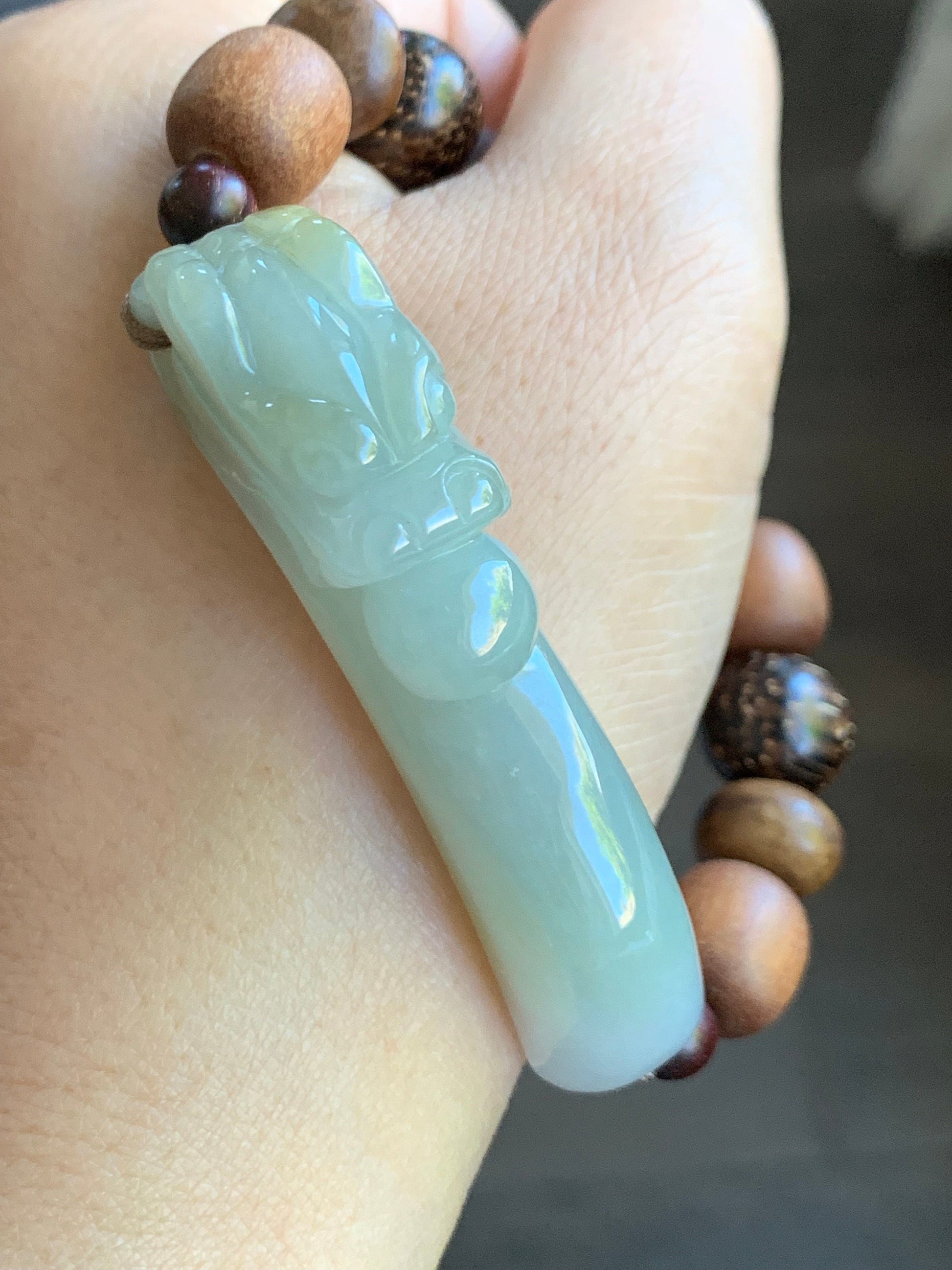 Natural Burmese Icy Translucent Dusty Sage Green Jadeite Carved 3D Dragon Hook Wood Beads Beaded Bracelet 7.25” 天然缅甸冰淡橄榄绿翡翠立体雕龙钩木珠手串