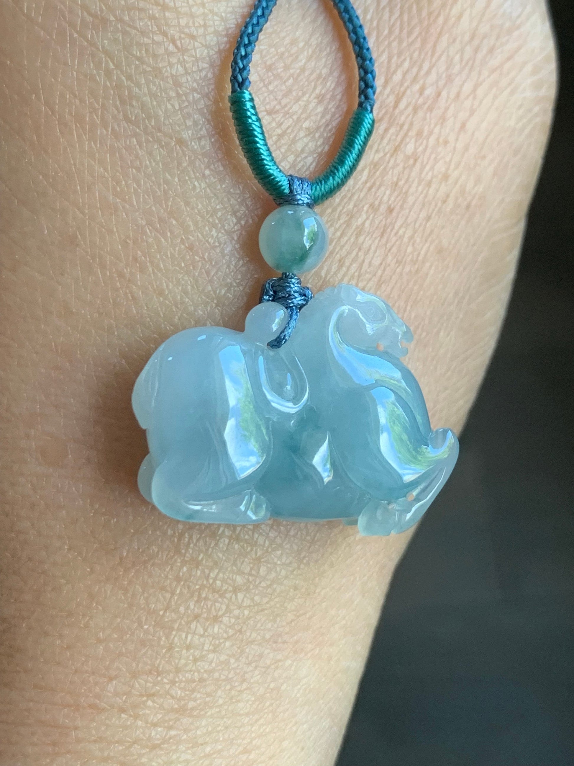 Natural Burmese Icy Translucent Gelatinous Light Blue Jadeite w/ Teal Marbling Pendant Carved Tang Horse Rope Necklace 天然缅甸冰胶蓝底飘蓝花翡翠唐马吊坠