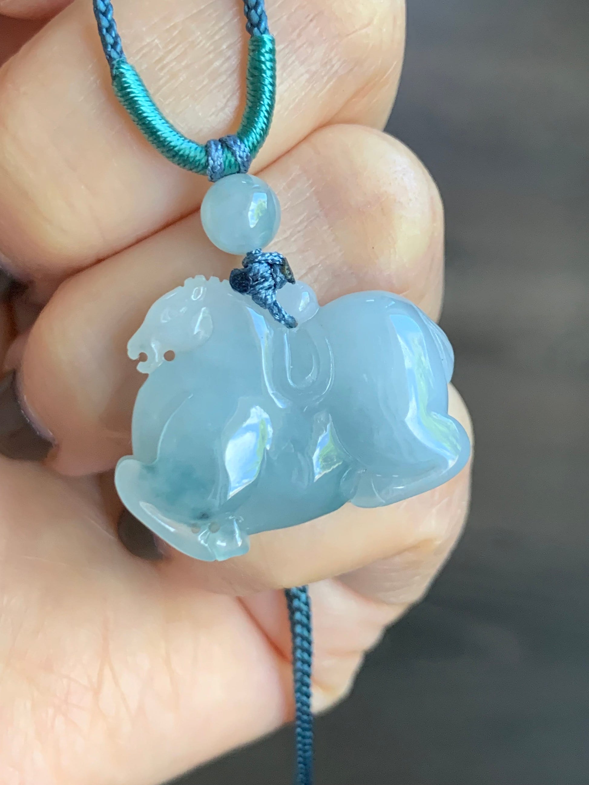 Natural Burmese Icy Translucent Gelatinous Light Blue Jadeite w/ Teal Marbling Pendant Carved Tang Horse Rope Necklace 天然缅甸冰胶蓝底飘蓝花翡翠唐马吊坠
