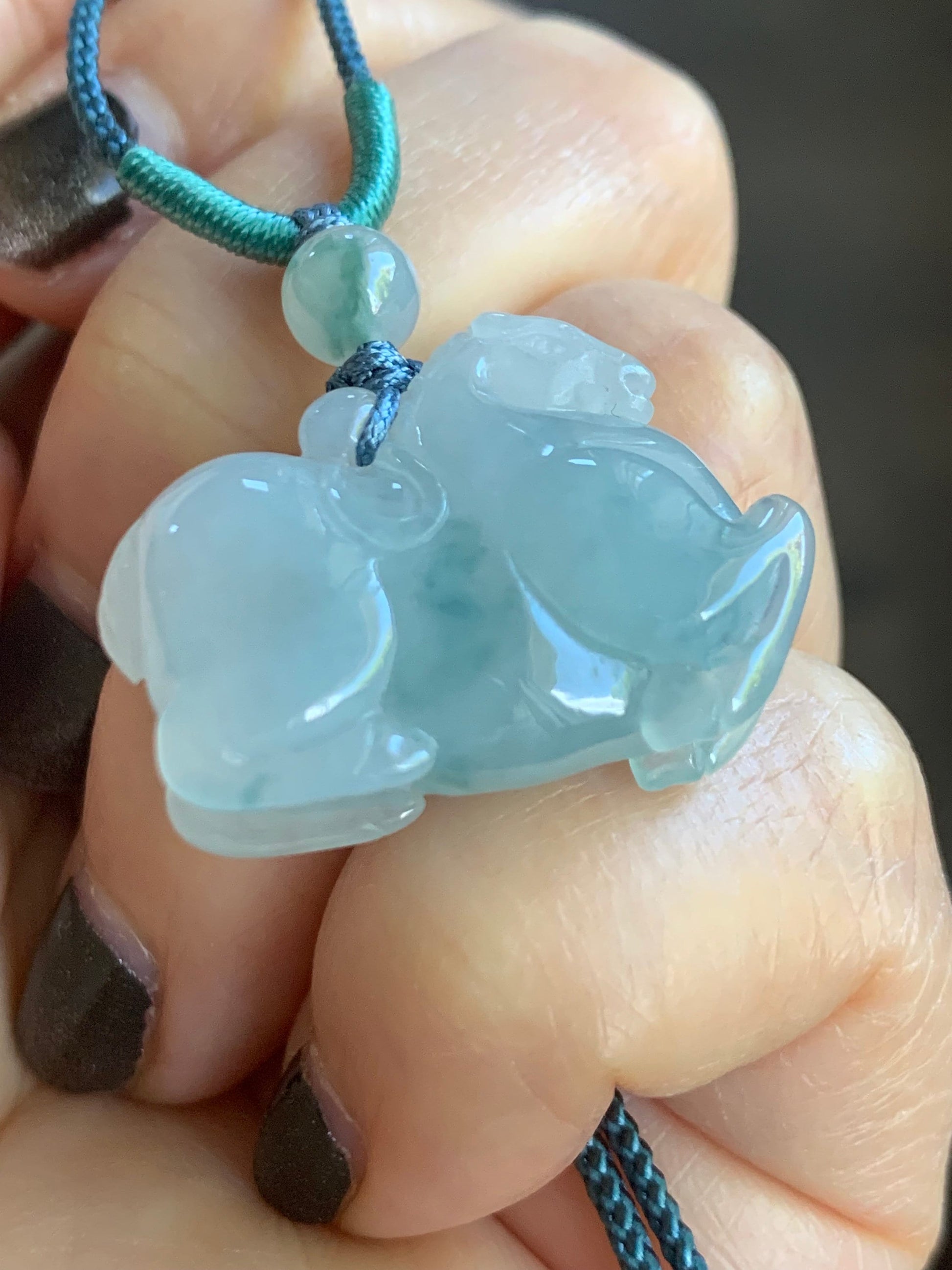 Natural Burmese Icy Translucent Gelatinous Light Blue Jadeite w/ Teal Marbling Pendant Carved Tang Horse Rope Necklace 天然缅甸冰胶蓝底飘蓝花翡翠唐马吊坠