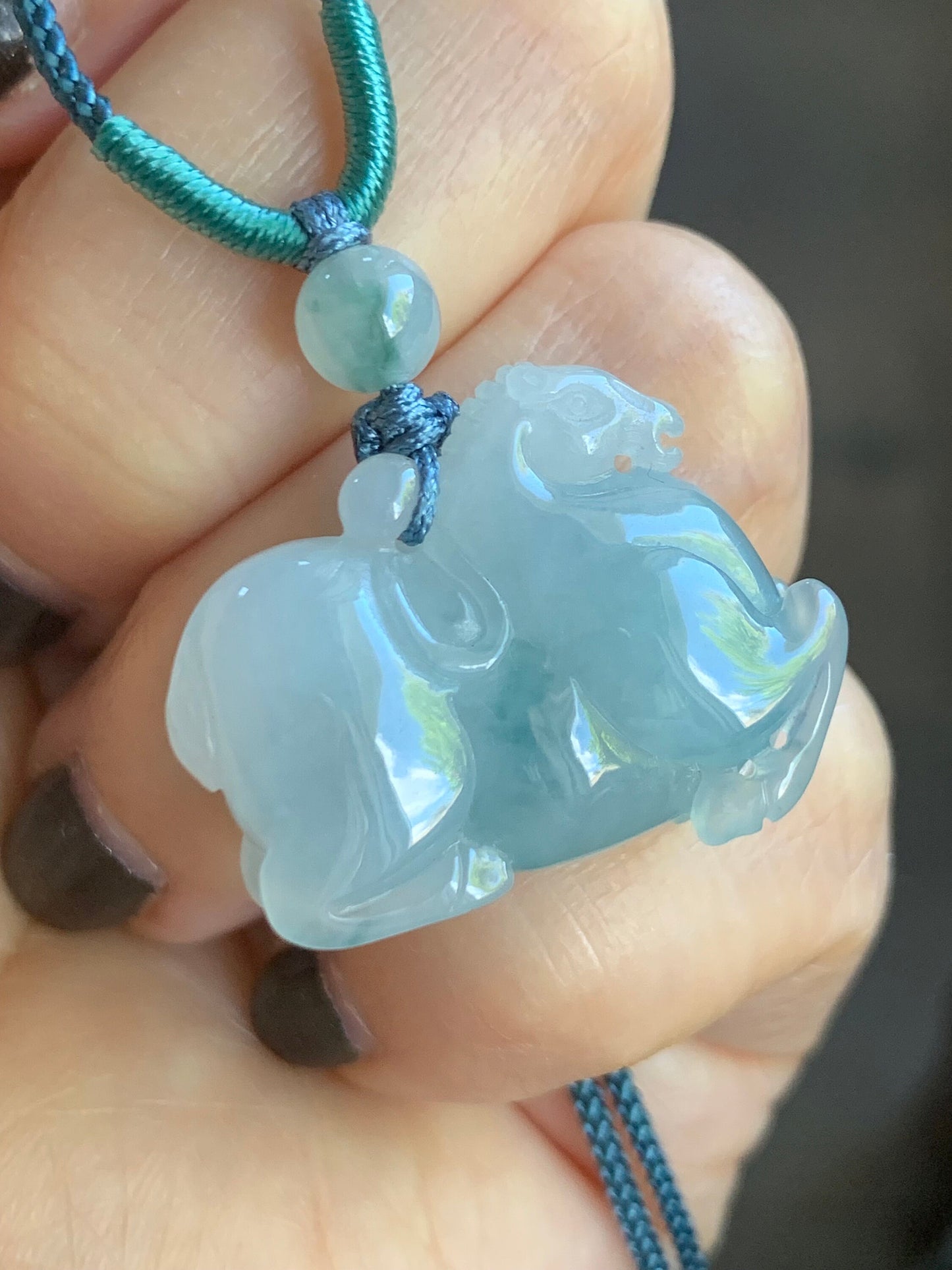 Natural Burmese Icy Translucent Gelatinous Light Blue Jadeite w/ Teal Marbling Pendant Carved Tang Horse Rope Necklace 天然缅甸冰胶蓝底飘蓝花翡翠唐马吊坠