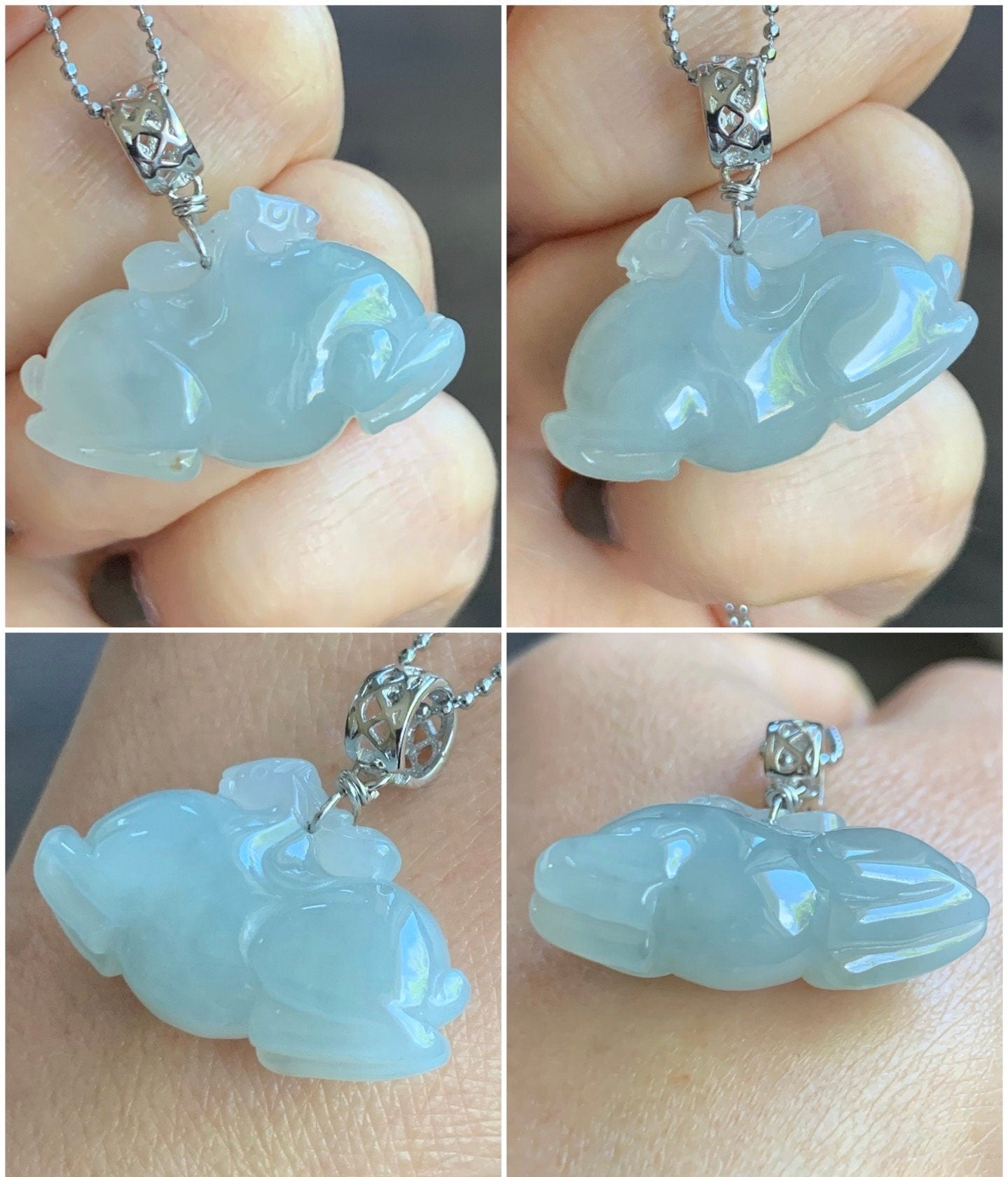 Stunning Natural Burmese Icy Translucent Gelatinous Light Blue Sky Blue Jadeite Carved Tang Horse Pendant Sterling Silver 天然缅甸冰胶天空蓝翡翠唐马银镶吊坠