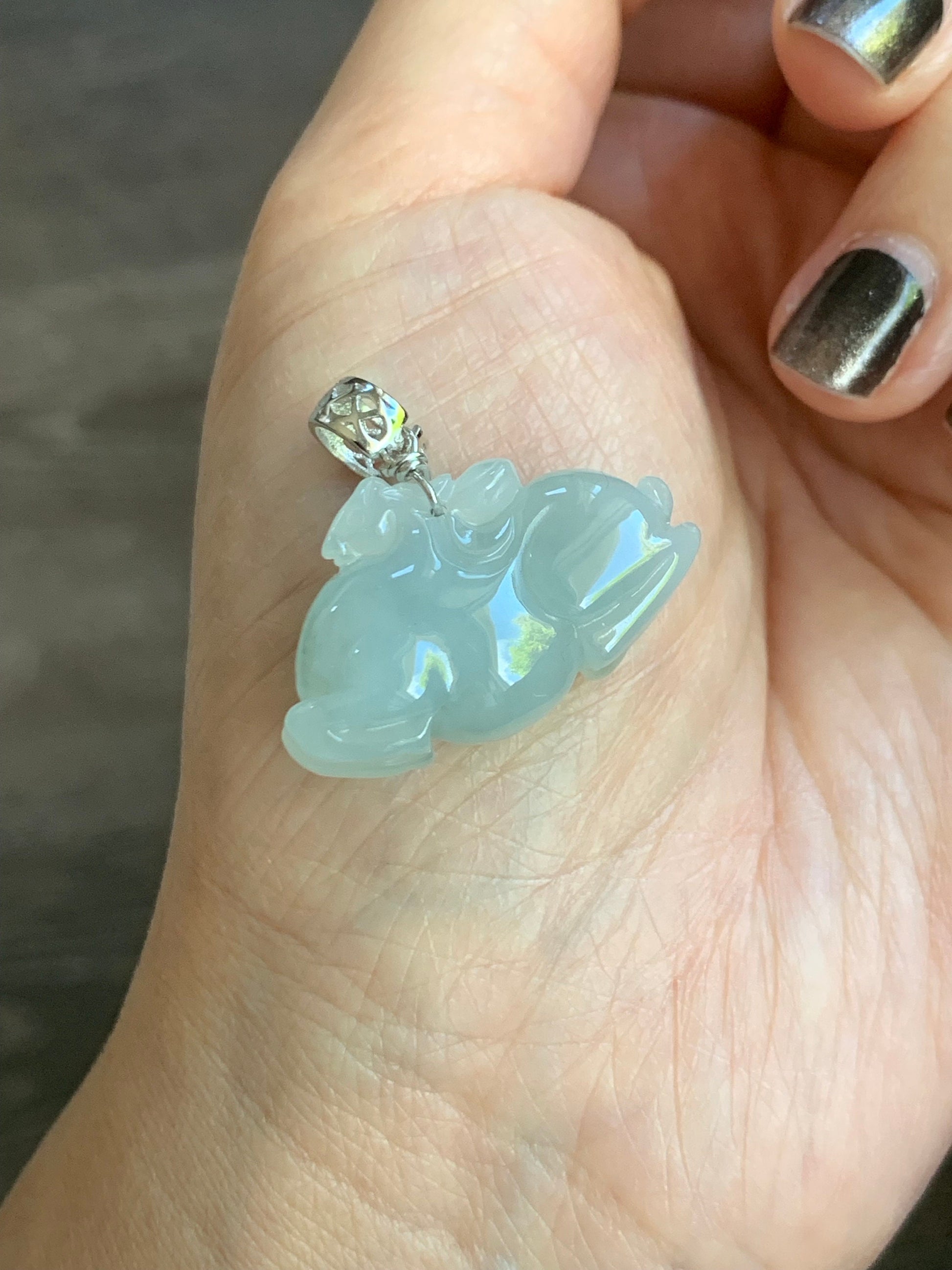 Stunning Natural Burmese Icy Translucent Gelatinous Light Blue Sky Blue Jadeite Carved Tang Horse Pendant Sterling Silver 天然缅甸冰胶天空蓝翡翠唐马银镶吊坠