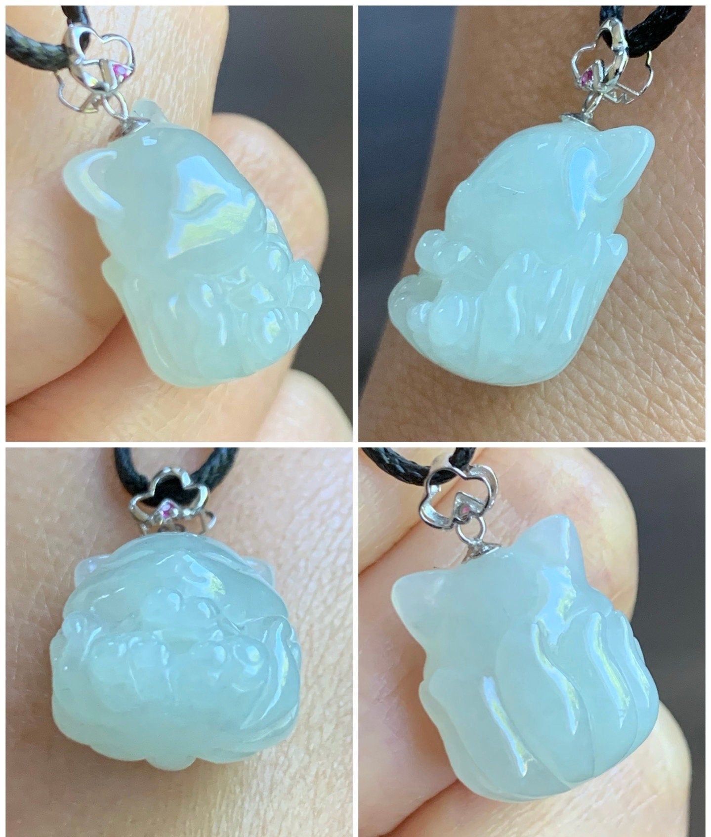Natural Burmese Icy Translucent White Jadeite 3D Carved Nine-Tailed Fox Pendant 18K White Gold Bail 天然缅甸白冰翡翠九尾狐狸镶嵌吊坠 JWHA