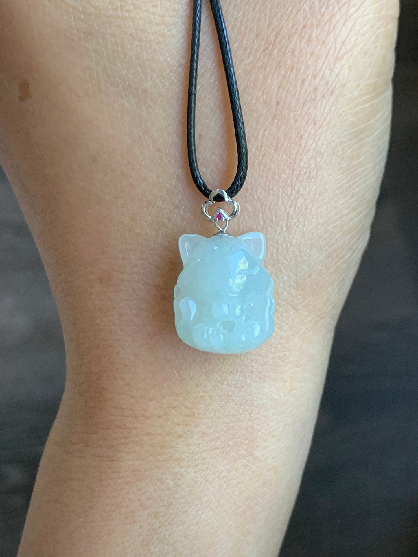 Natural Burmese Icy Translucent White Jadeite 3D Carved Nine-Tailed Fox Pendant 18K White Gold Bail 天然缅甸白冰翡翠九尾狐狸镶嵌吊坠 JWHA