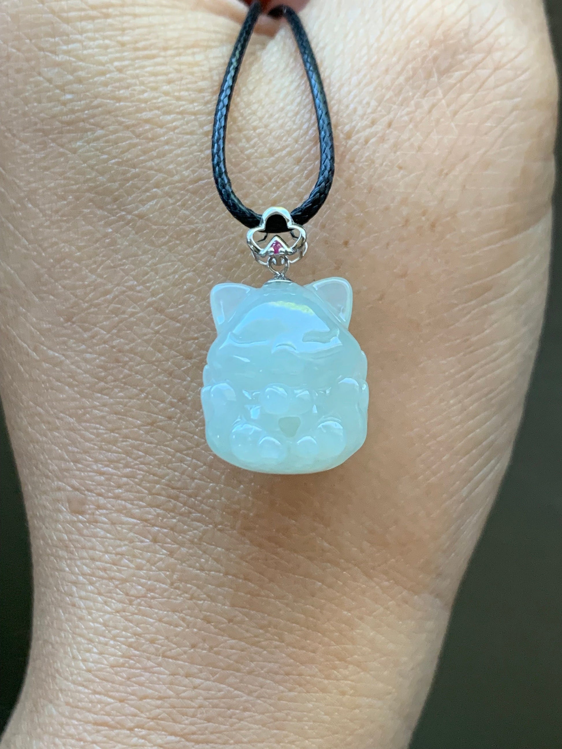 Natural Burmese Icy Translucent White Jadeite 3D Carved Nine-Tailed Fox Pendant 18K White Gold Bail 天然缅甸白冰翡翠九尾狐狸镶嵌吊坠 JWHA