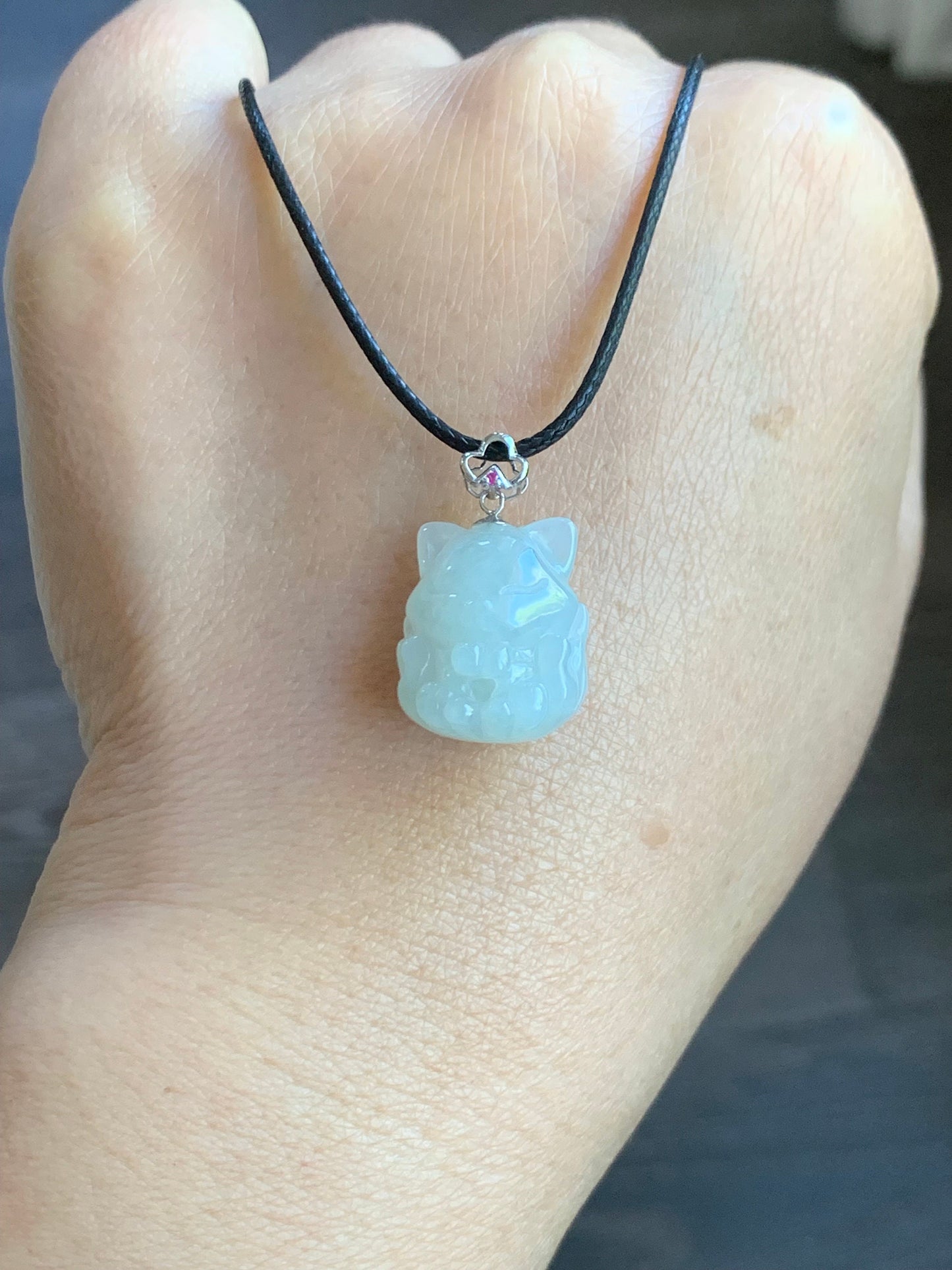 Natural Burmese Icy Translucent White Jadeite 3D Carved Nine-Tailed Fox Pendant 18K White Gold Bail 天然缅甸白冰翡翠九尾狐狸镶嵌吊坠 JWHA