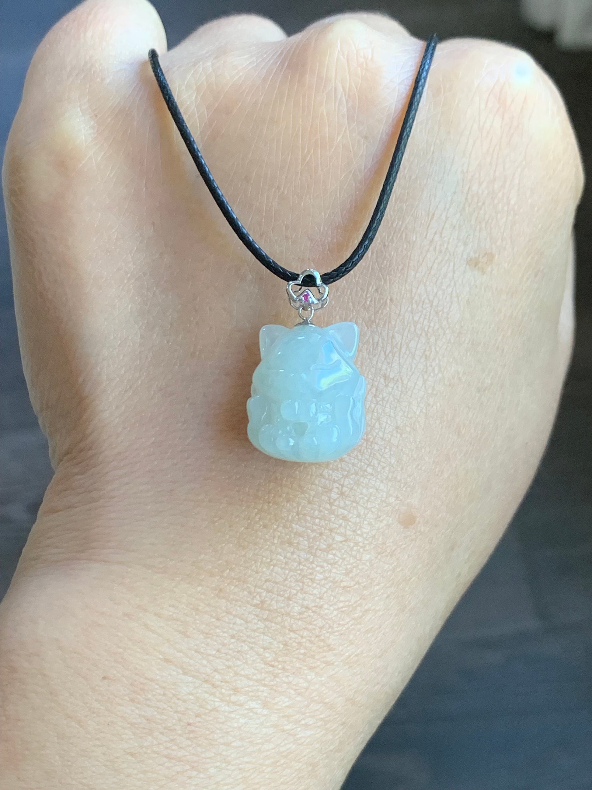 Natural Burmese Icy Translucent White Jadeite 3D Carved Nine-Tailed Fox Pendant 18K White Gold Bail 天然缅甸白冰翡翠九尾狐狸镶嵌吊坠 JWHA