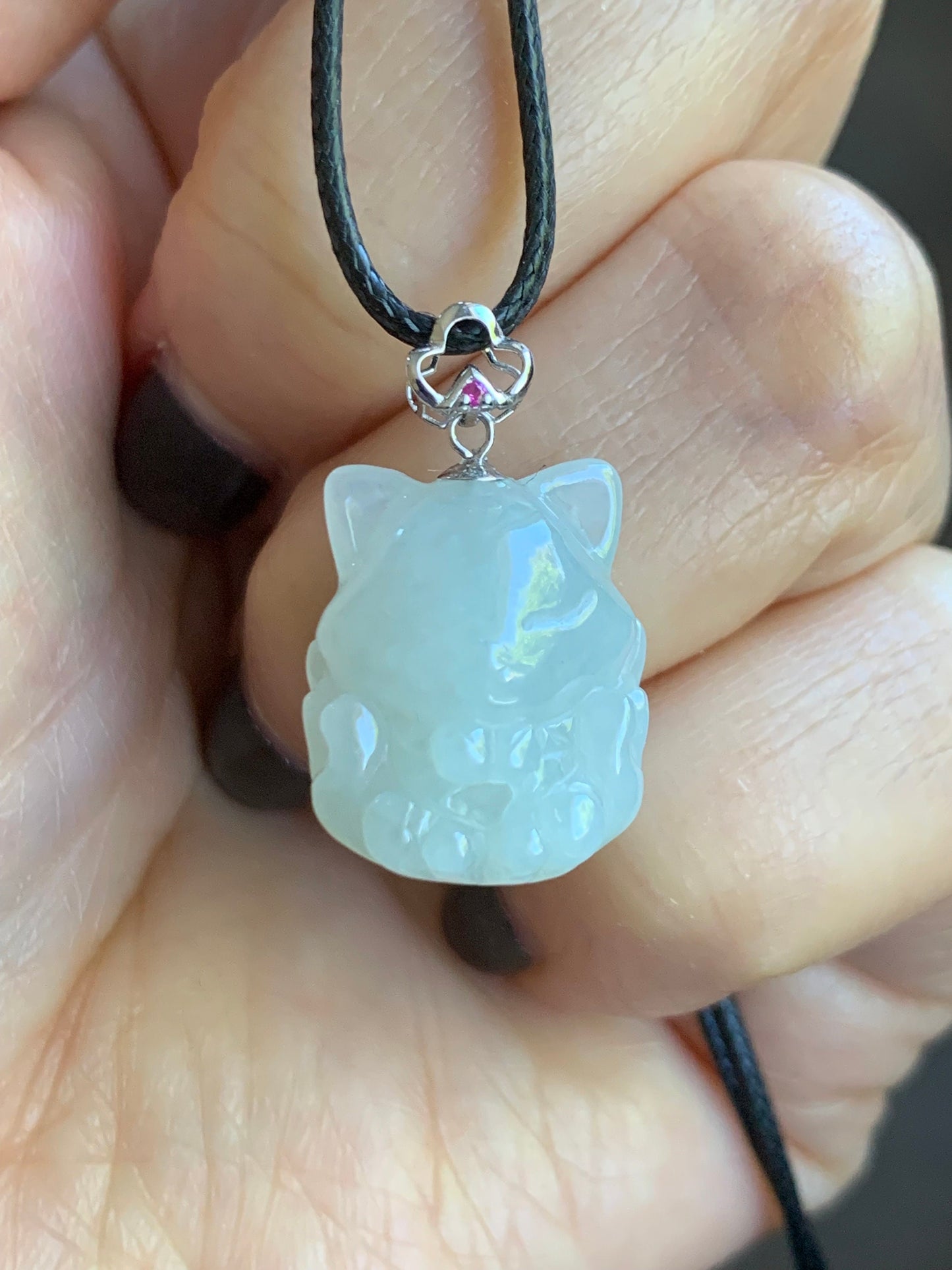 Natural Burmese Icy Translucent White Jadeite 3D Carved Nine-Tailed Fox Pendant 18K White Gold Bail 天然缅甸白冰翡翠九尾狐狸镶嵌吊坠 JWHA