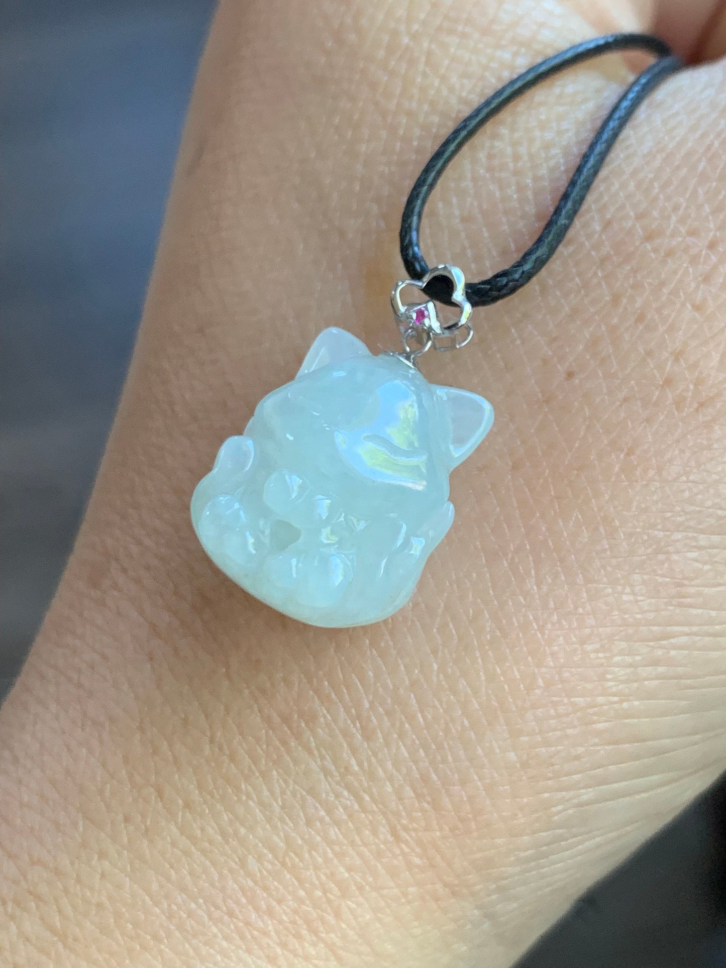 Natural Burmese Icy Translucent White Jadeite 3D Carved Nine-Tailed Fox Pendant 18K White Gold Bail 天然缅甸白冰翡翠九尾狐狸镶嵌吊坠 JWHA