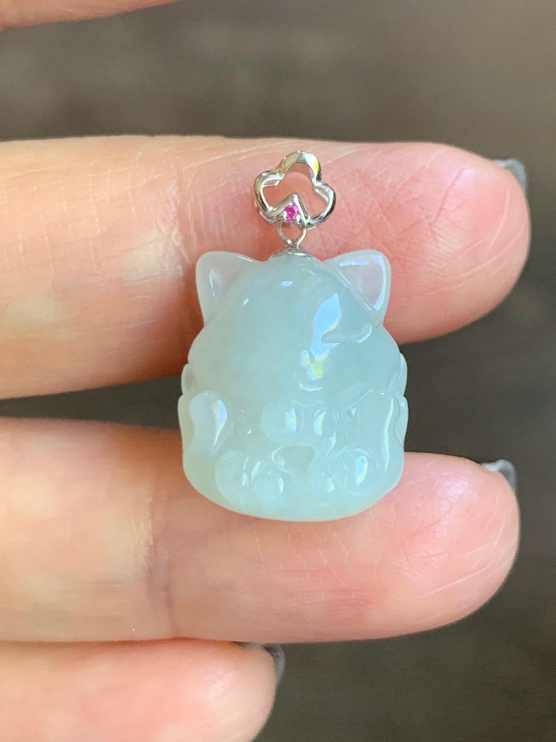 Natural Burmese Icy Translucent White Jadeite 3D Carved Nine-Tailed Fox Pendant 18K White Gold Bail 天然缅甸白冰翡翠九尾狐狸镶嵌吊坠 JWHA