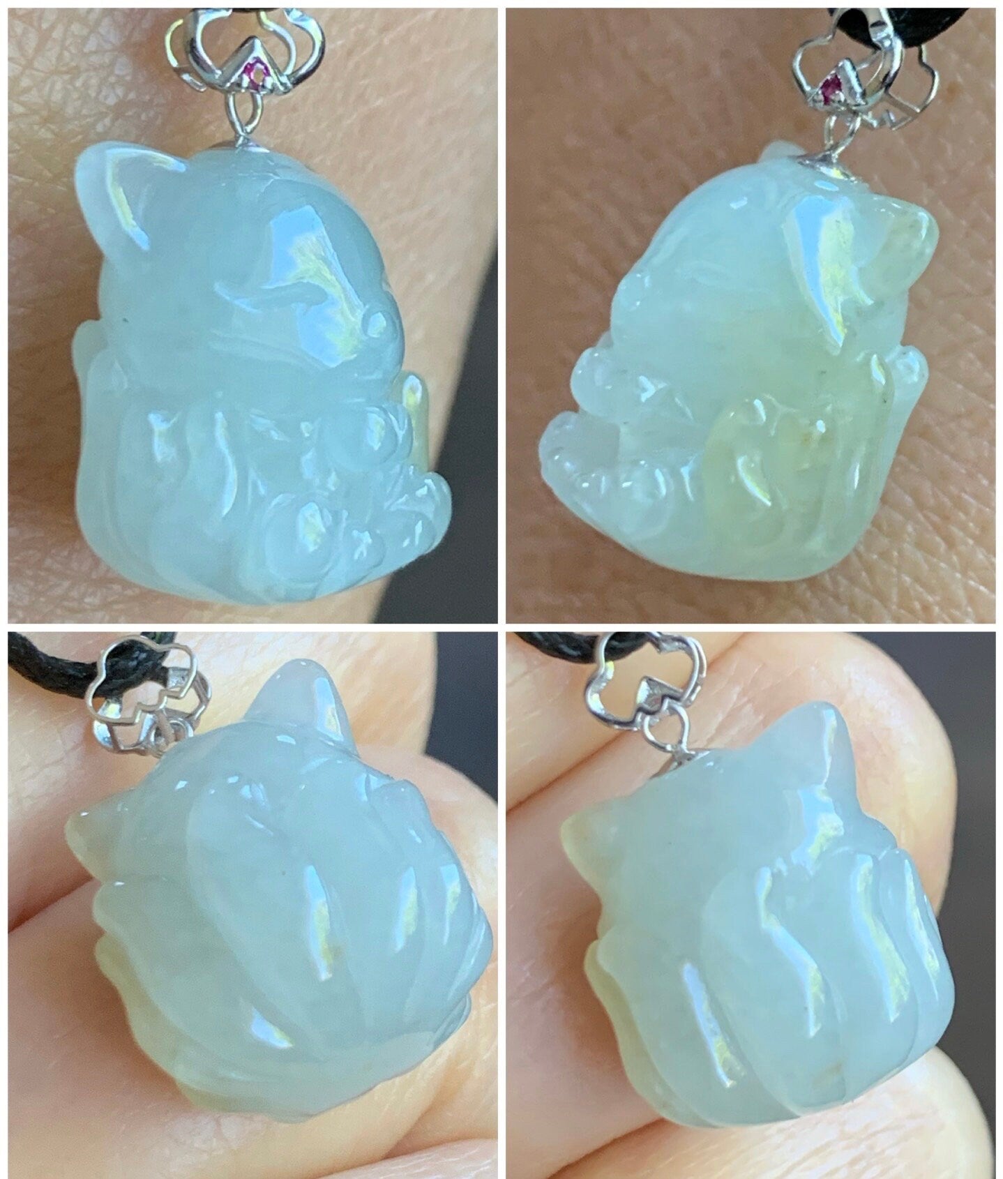Natural Burmese Icy Translucent White Jadeite w/ Yellow Marbling 3D Carved Nine-Tailed Fox Pendant 18K White Gold Bail 天然缅甸白冰翡翠九尾狐狸镶嵌吊坠 JWHB