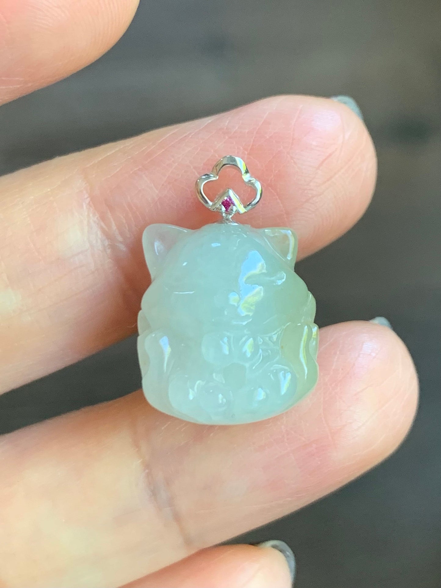 Natural Burmese Icy Translucent White Jadeite w/ Yellow Marbling 3D Carved Nine-Tailed Fox Pendant 18K White Gold Bail 天然缅甸白冰翡翠九尾狐狸镶嵌吊坠 JWHB