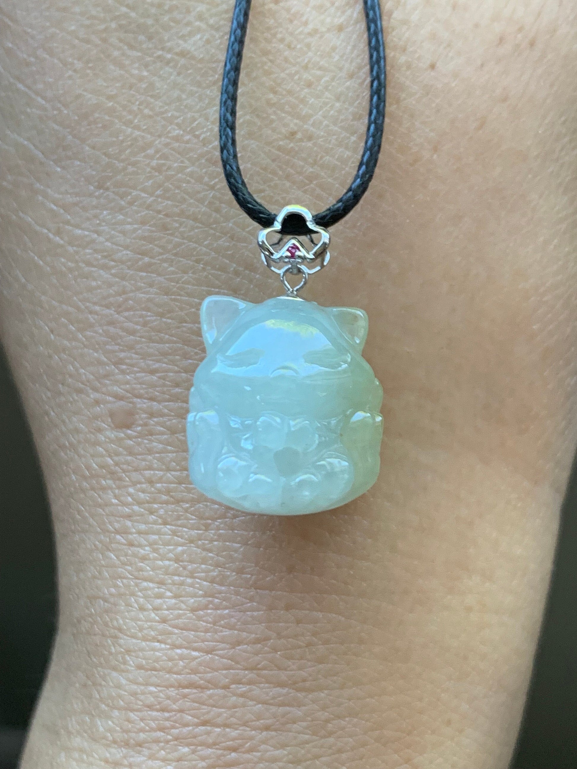 Natural Burmese Icy Translucent White Jadeite w/ Yellow Marbling 3D Carved Nine-Tailed Fox Pendant 18K White Gold Bail 天然缅甸白冰翡翠九尾狐狸镶嵌吊坠 JWHB