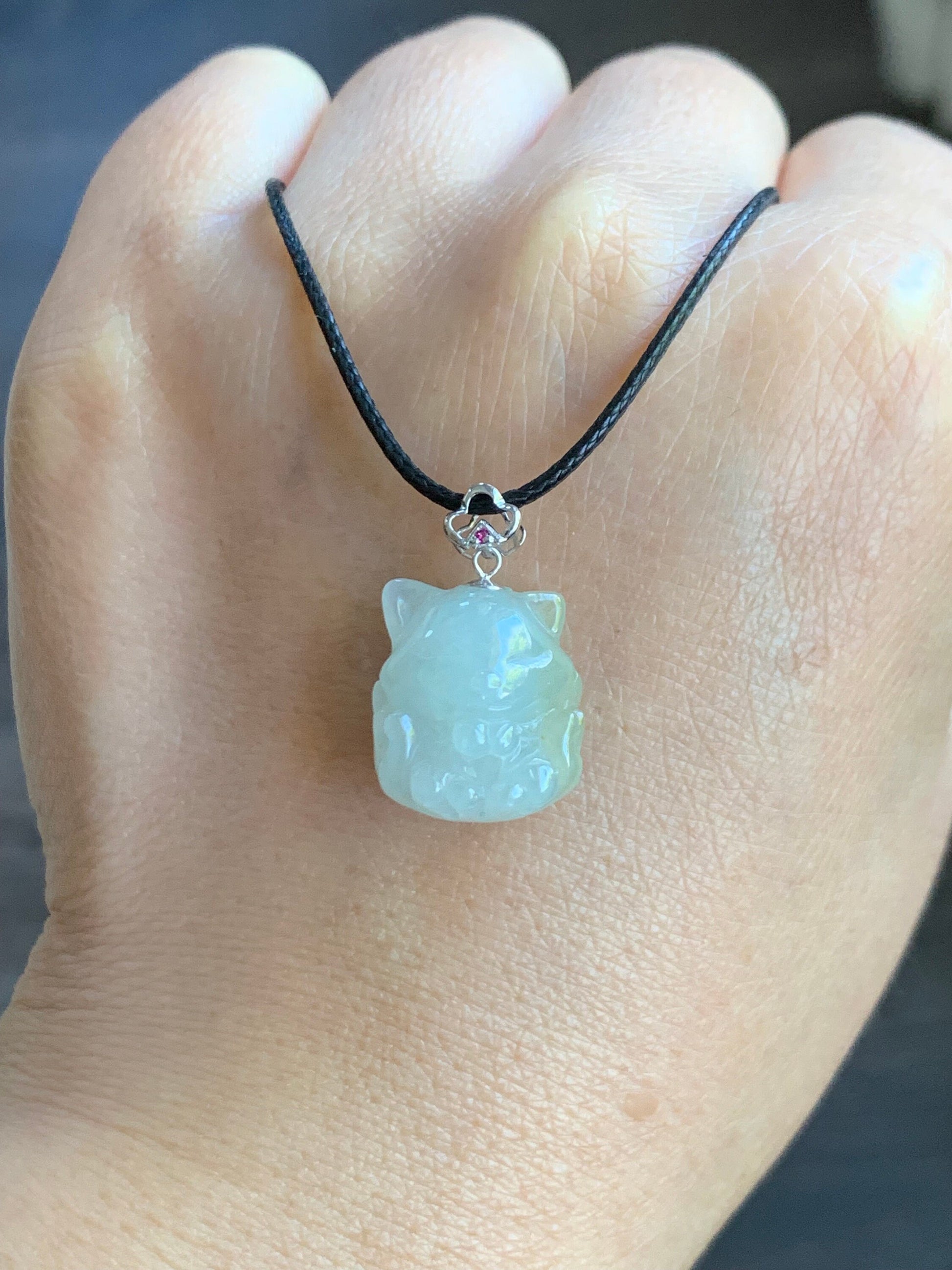 Natural Burmese Icy Translucent White Jadeite w/ Yellow Marbling 3D Carved Nine-Tailed Fox Pendant 18K White Gold Bail 天然缅甸白冰翡翠九尾狐狸镶嵌吊坠 JWHB