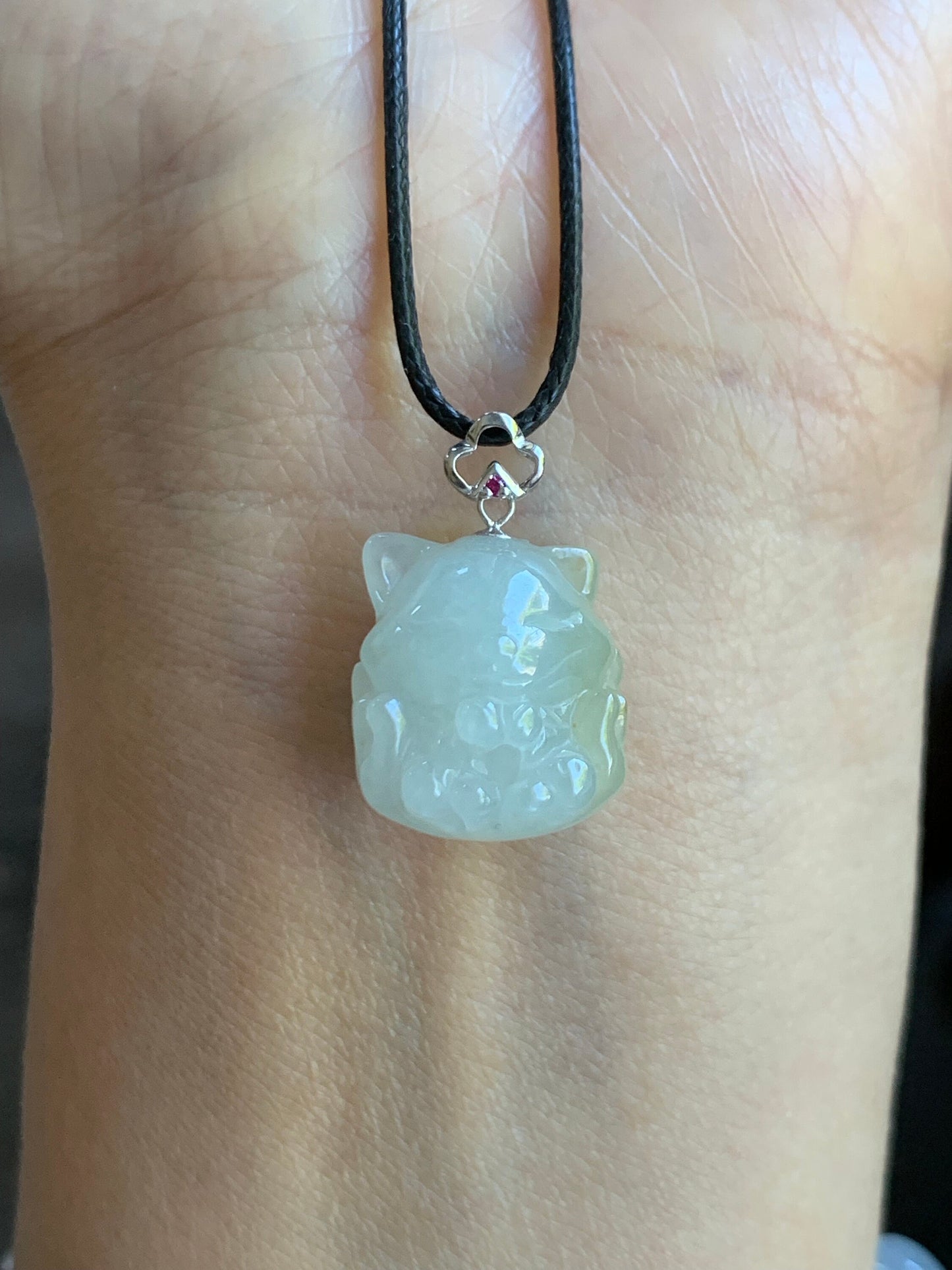 Natural Burmese Icy Translucent White Jadeite w/ Yellow Marbling 3D Carved Nine-Tailed Fox Pendant 18K White Gold Bail 天然缅甸白冰翡翠九尾狐狸镶嵌吊坠 JWHB
