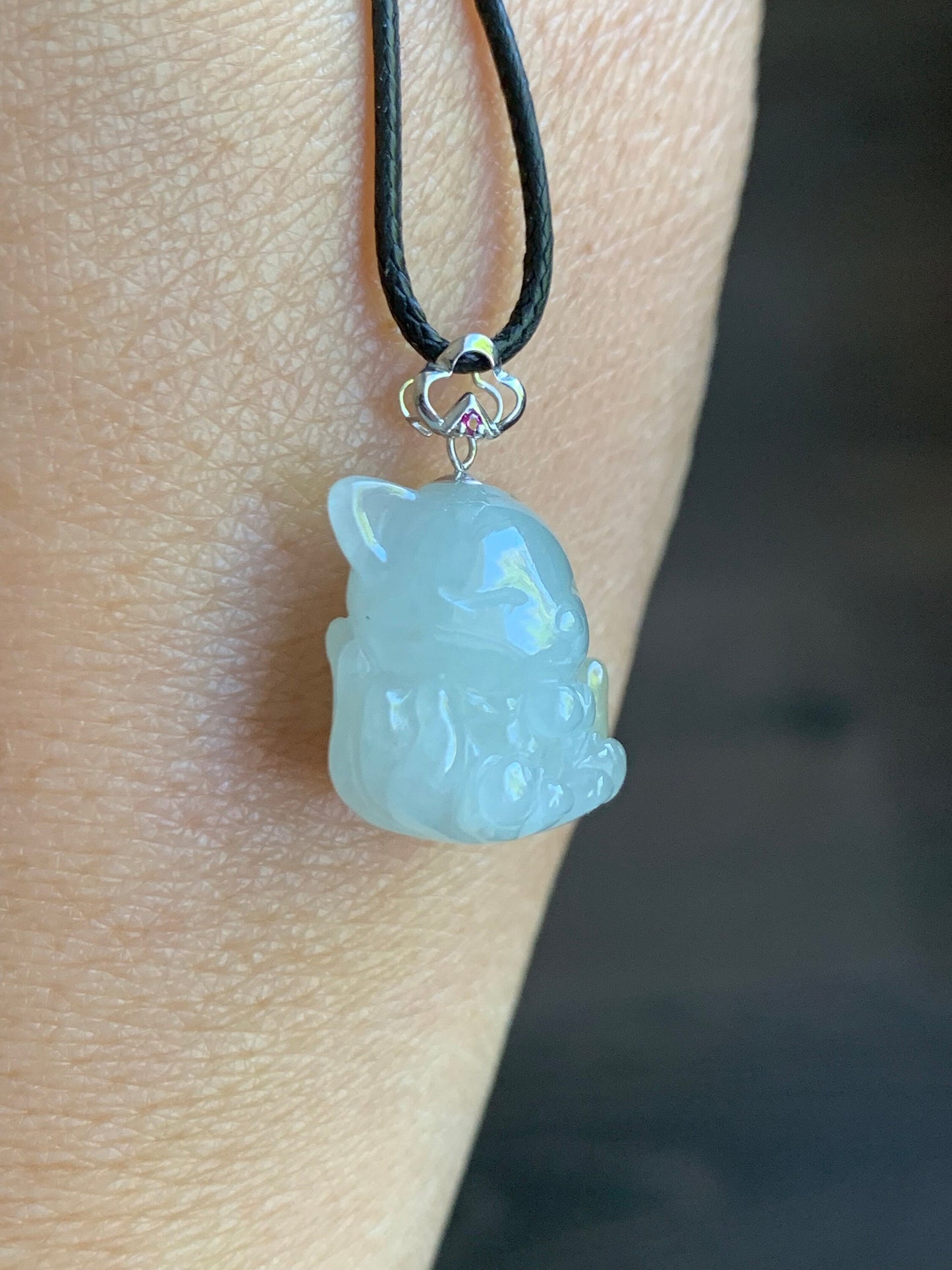 Natural Burmese Icy Translucent White Jadeite w/ Yellow Marbling 3D Carved Nine-Tailed Fox Pendant 18K White Gold Bail 天然缅甸白冰翡翠九尾狐狸镶嵌吊坠 JWHB