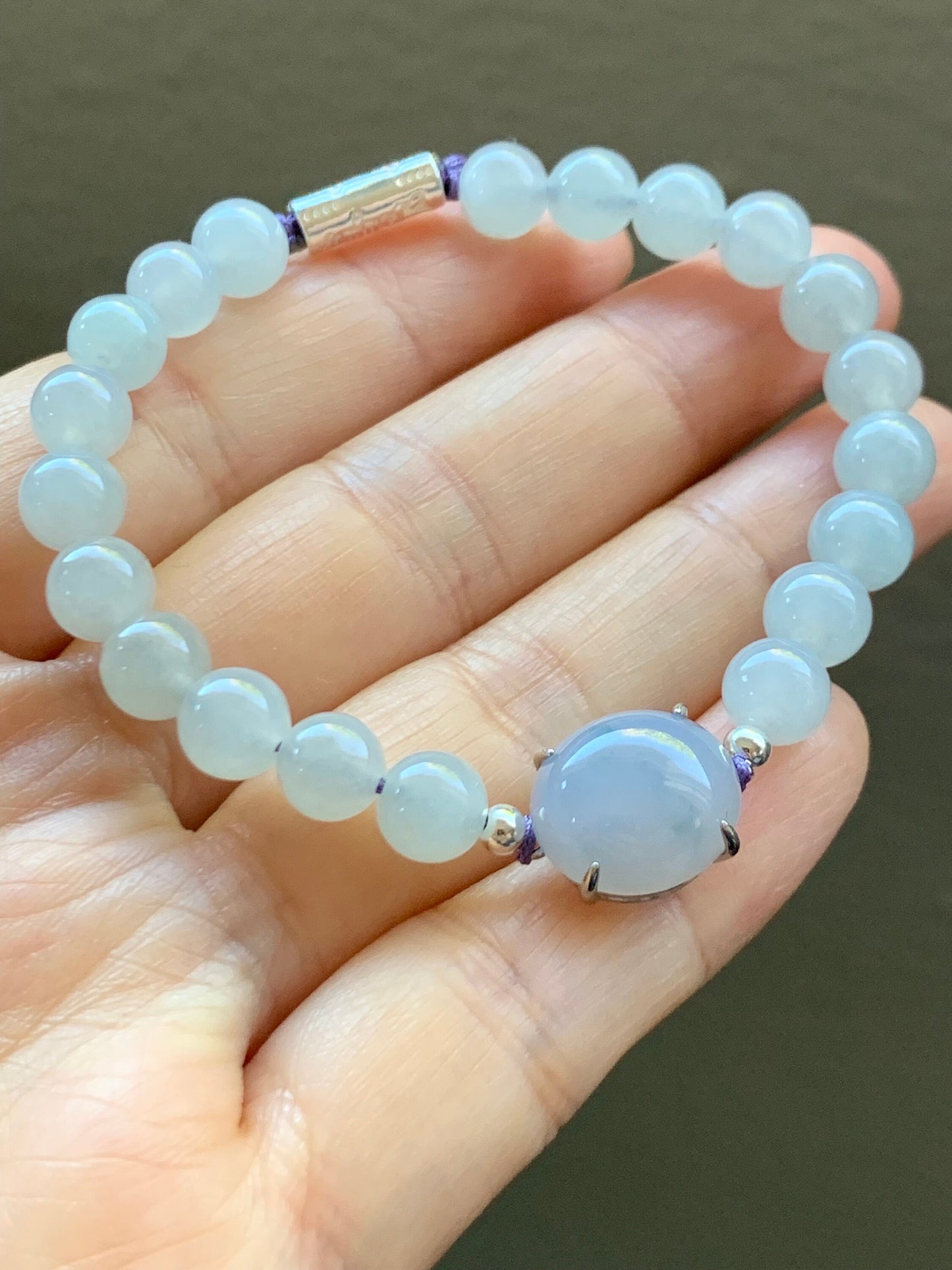 Natural Burmese Icy Translucent Gelatinous Purplish Blue Jadeite Large Cabochon Icy White Beaded Bracelet 6.25” Sterling Silver 天然缅甸冰蓝紫翡翠手串
